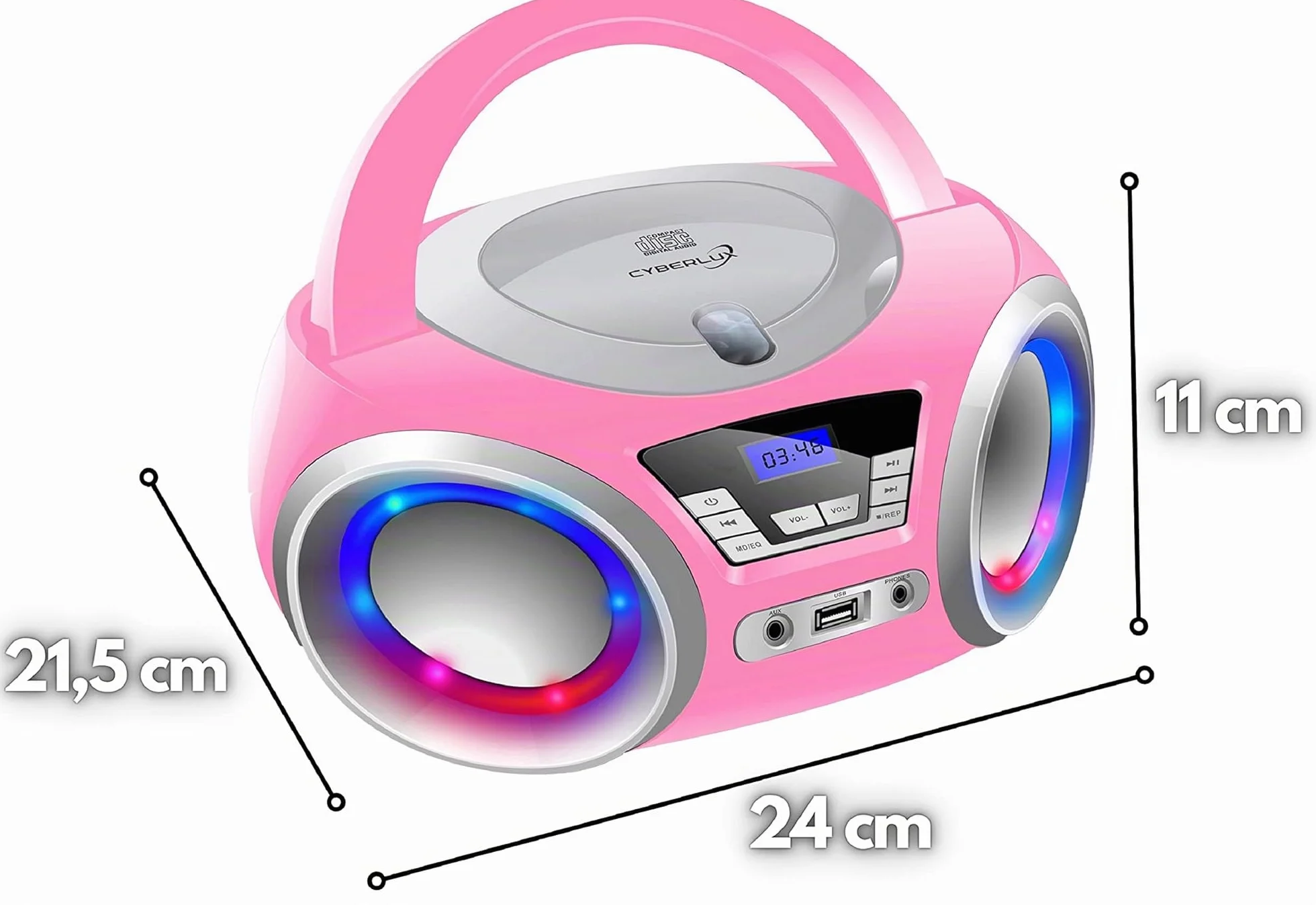 Lecteur CD portable avec radio FM, éclairage LED et USB, prise casque, Aux In - Pretty Kitty Pink