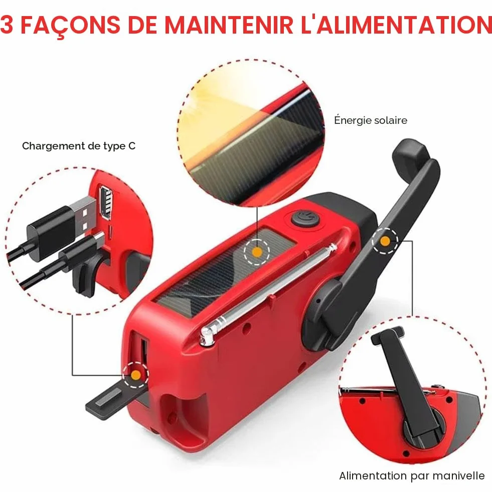 Radio d'urgence portable AM/FM avec manivelle solaire, chargeur USB, alarme SOS et lampe LED rouge