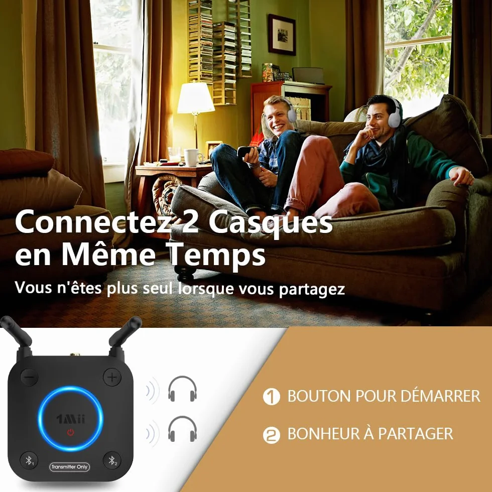 1Mii B06TX Émetteur Audio Bluetooth 5.3 pour TV, Transmetteur Adaptateur Bluetooth pour 2 Casques, aptX Faible Latence et HD, Longue Portée, Contrôle du Volume, AUX RCA Optique Coaxiale [Upgraded]