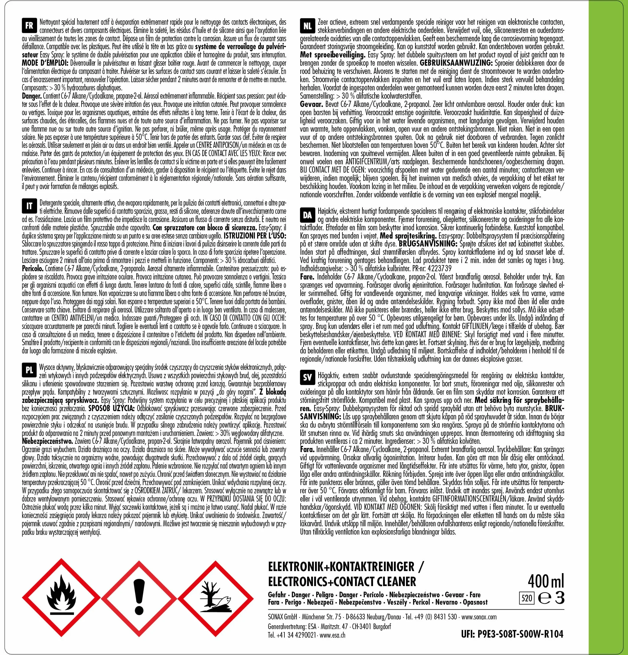 SONAX Produit de nettoyage pour contacts Électroniques (400 ml) nettoyant rapide pour connecteurs et composants électriques | Réf: 04603000