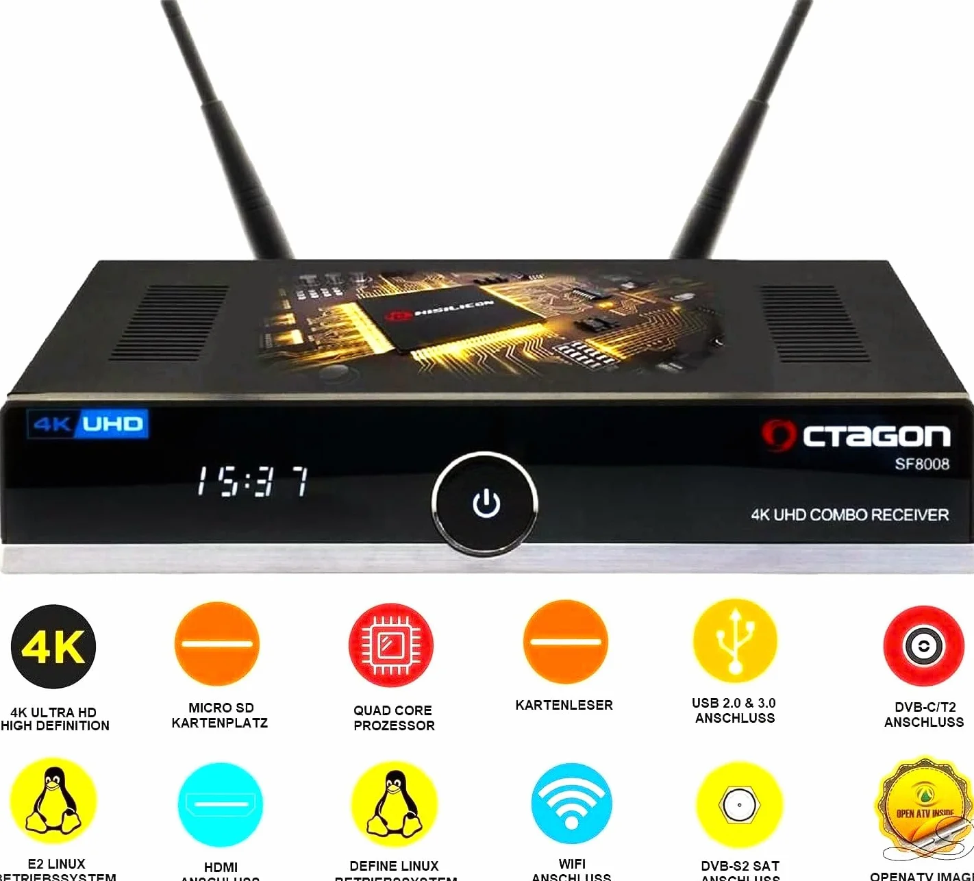 OCTAGON SF8008 UHD 4K Récepteur Combo câble Satellite & récepteur DVB-T2, E2 Linux & Define OS, DVB-S2X & T2C, avec Fonction d'enregistrement PVR, Gigabit LAN, Lecteur de Cartes, Satellite to IP,