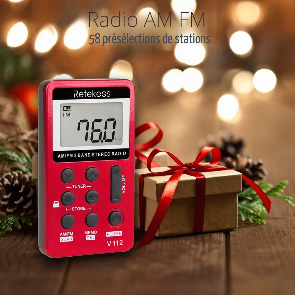 Retekess V112 Mini Radio FM de Poche,Radio Portable,FM AM,Prise Casque,d'Extérieur,Convient pour Course à Pied,de Sport,Randonnée,Le Camping(Rouge)