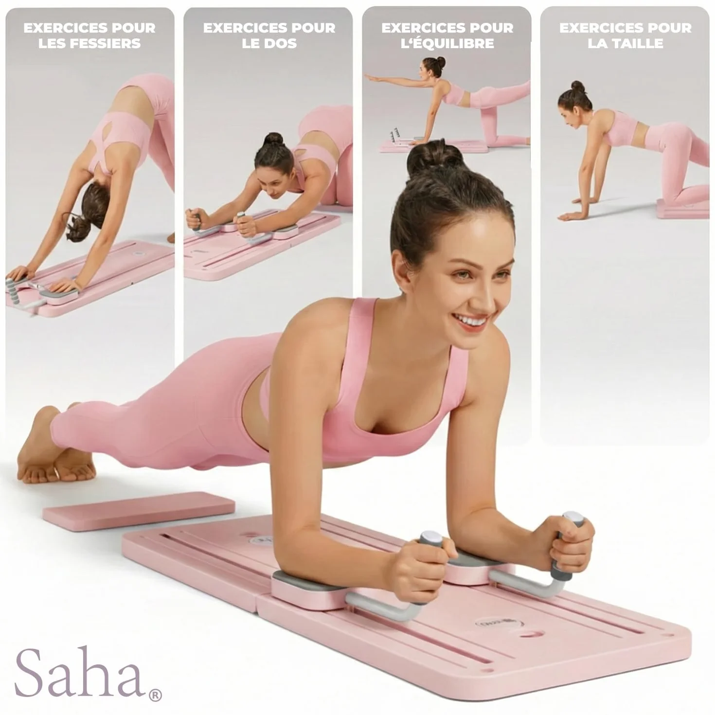 Saha Planche Pilates Reformer Rose Appareil Abdos Fitness Maison Bandes Résistance Poignées Timer Yoga Gainage Musculation