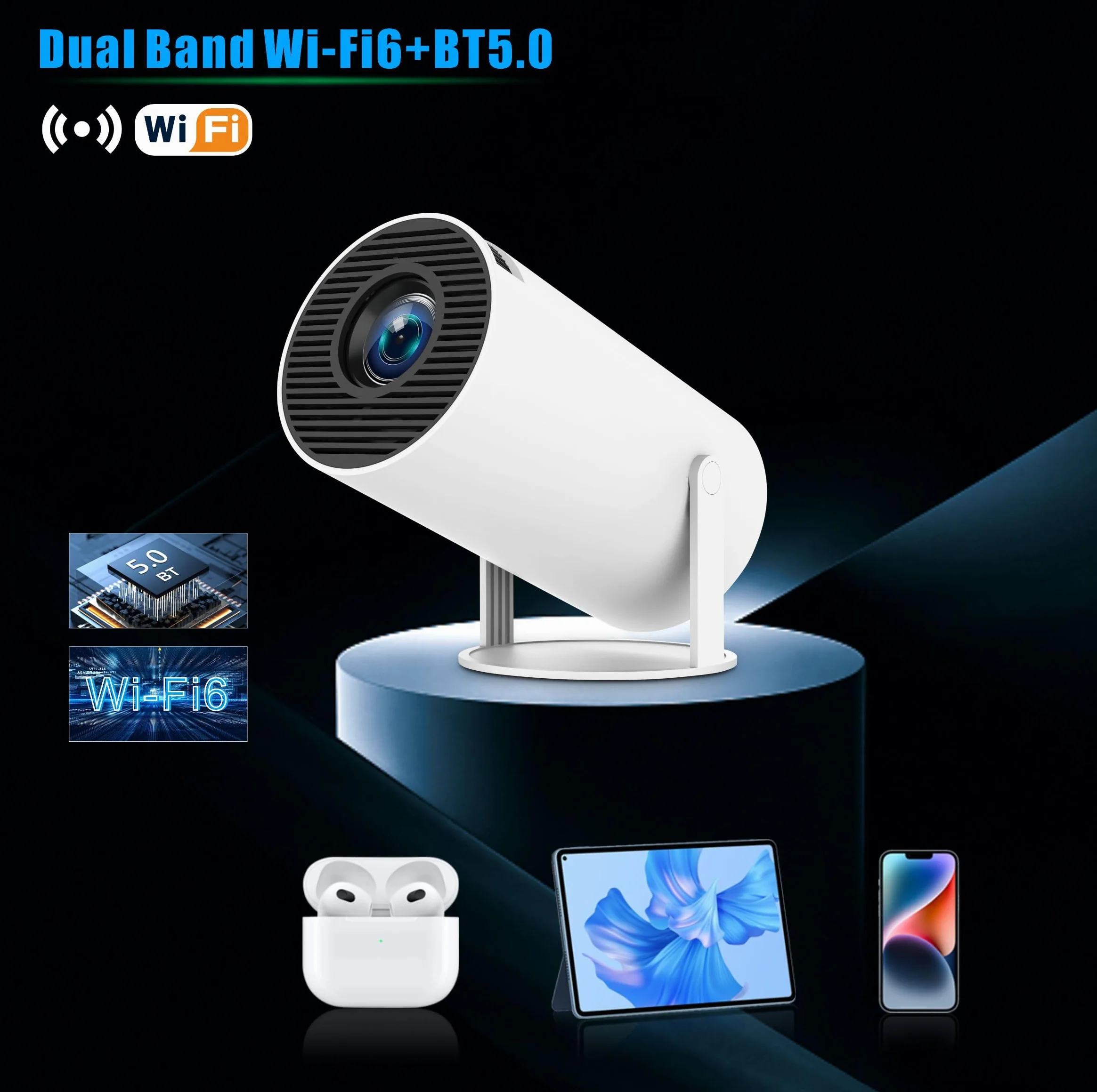 Mini Projecteur 4K Videoprojecteur Portable Projecteur Video WiFi 6 Android 11 Retroprojecteur 1080P Full HD Supporté pour TÉLÉPhone PC Lap HDMI Home Cinéma 180° Rotation (HY300PRO)