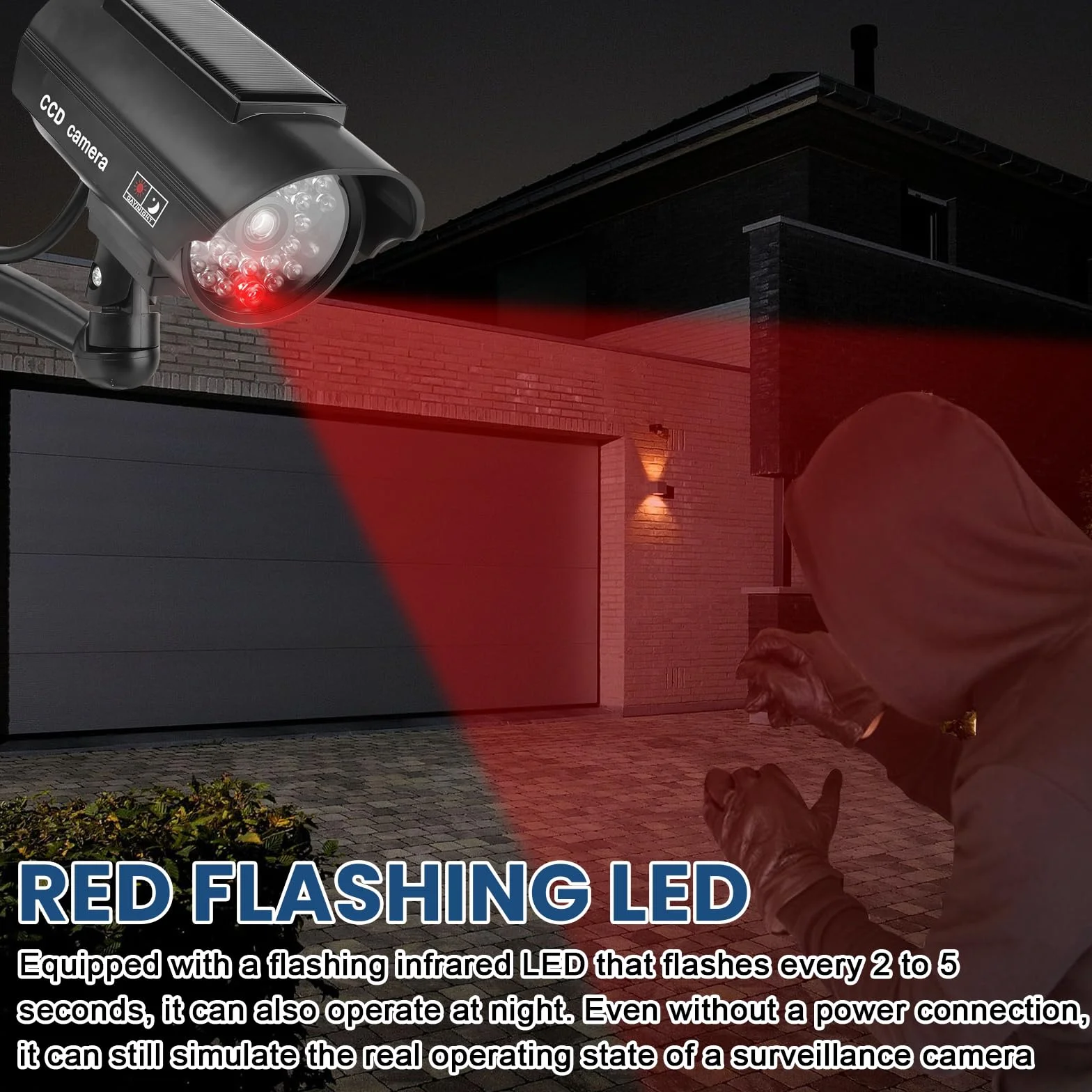 Sporgo 2 pièces Caméra factice Extérieur: Caméra de surveillance factice solaire avec lumière LED rouge clignotante, caméra de surveillance factice caméra de sécurité factice pour intérieur et