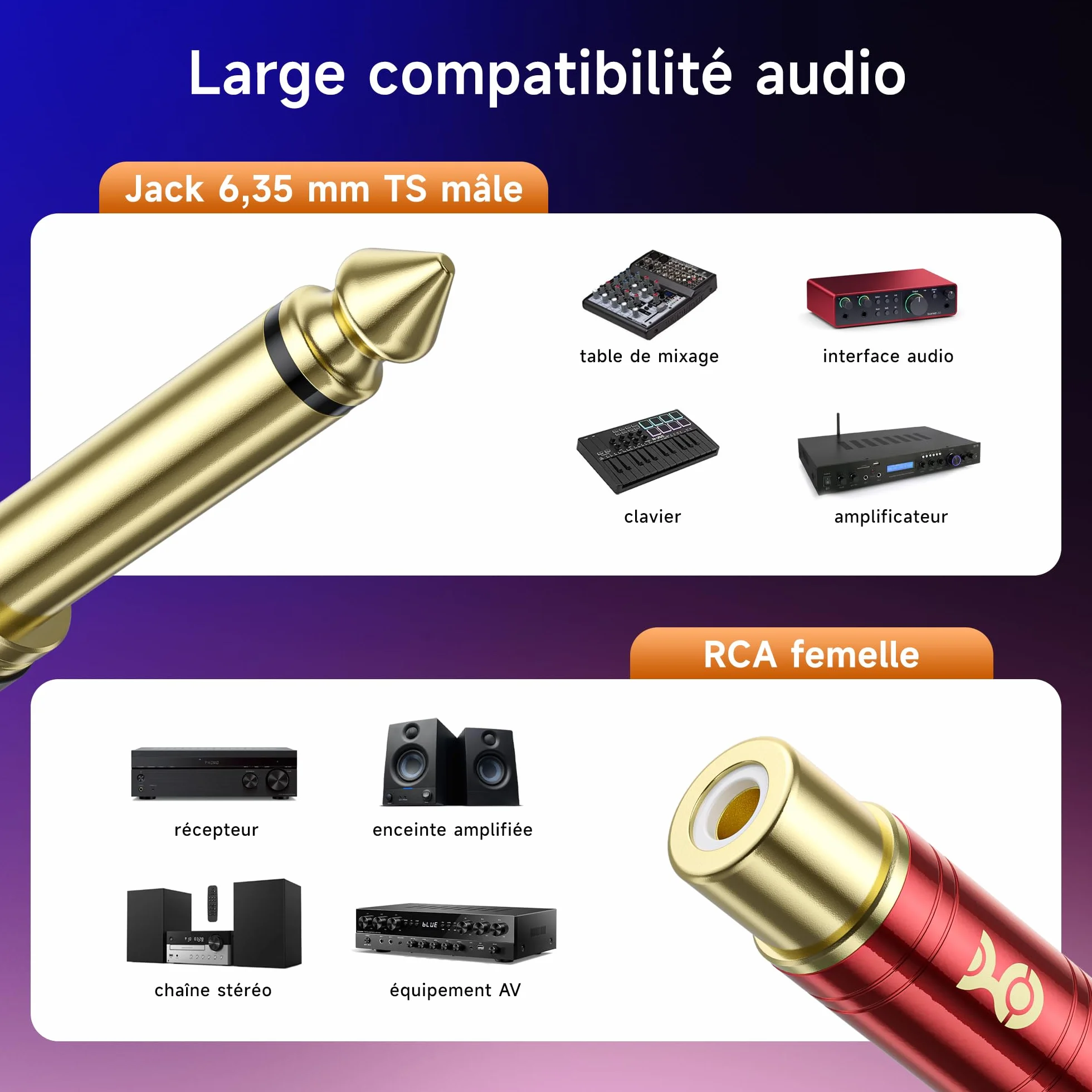 Cable Matters Lot de 4 adaptateurs RCA vers Jack 6,35 mm (1/4") TS Mono – Convertisseur Jack 6,35 mm vers RCA, pour TV, chaîne Hi-FI, ampli, Instruments et équipements Audio domestiques