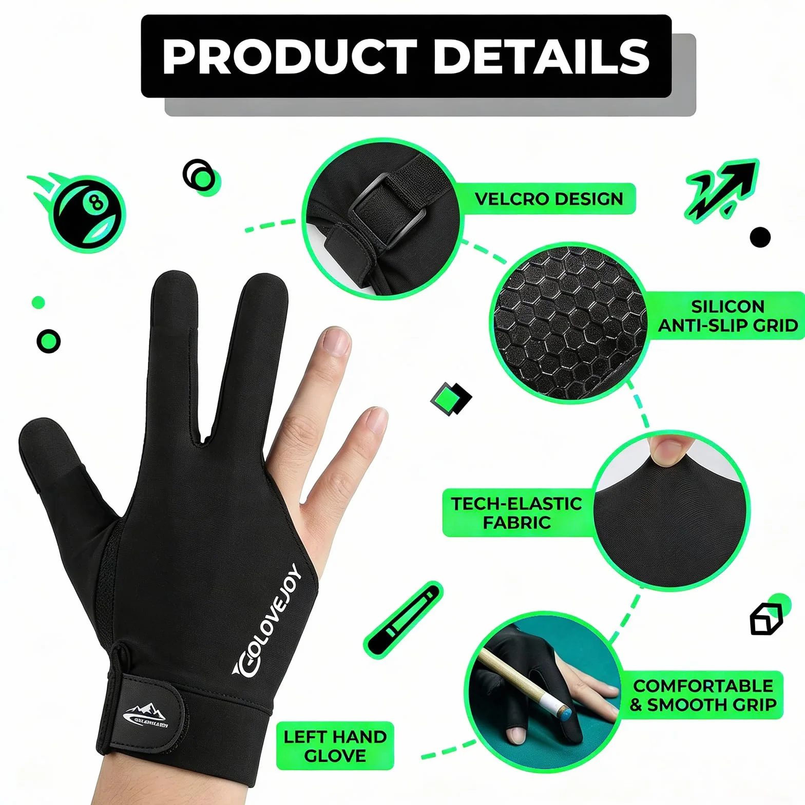 Gants de Billard Respirants à Séchage Rapide Antidérapant pour Tir Précision Queue de Billard Noir
