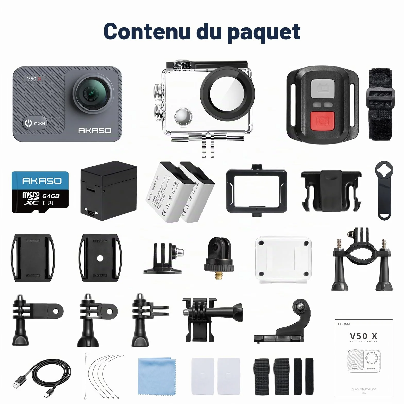 AKASO V50 X Caméra de Sport 4K 30FPS Ultra HD avec Carte 64 Go, Télécommande, Écran Tactile, Stabilisateur