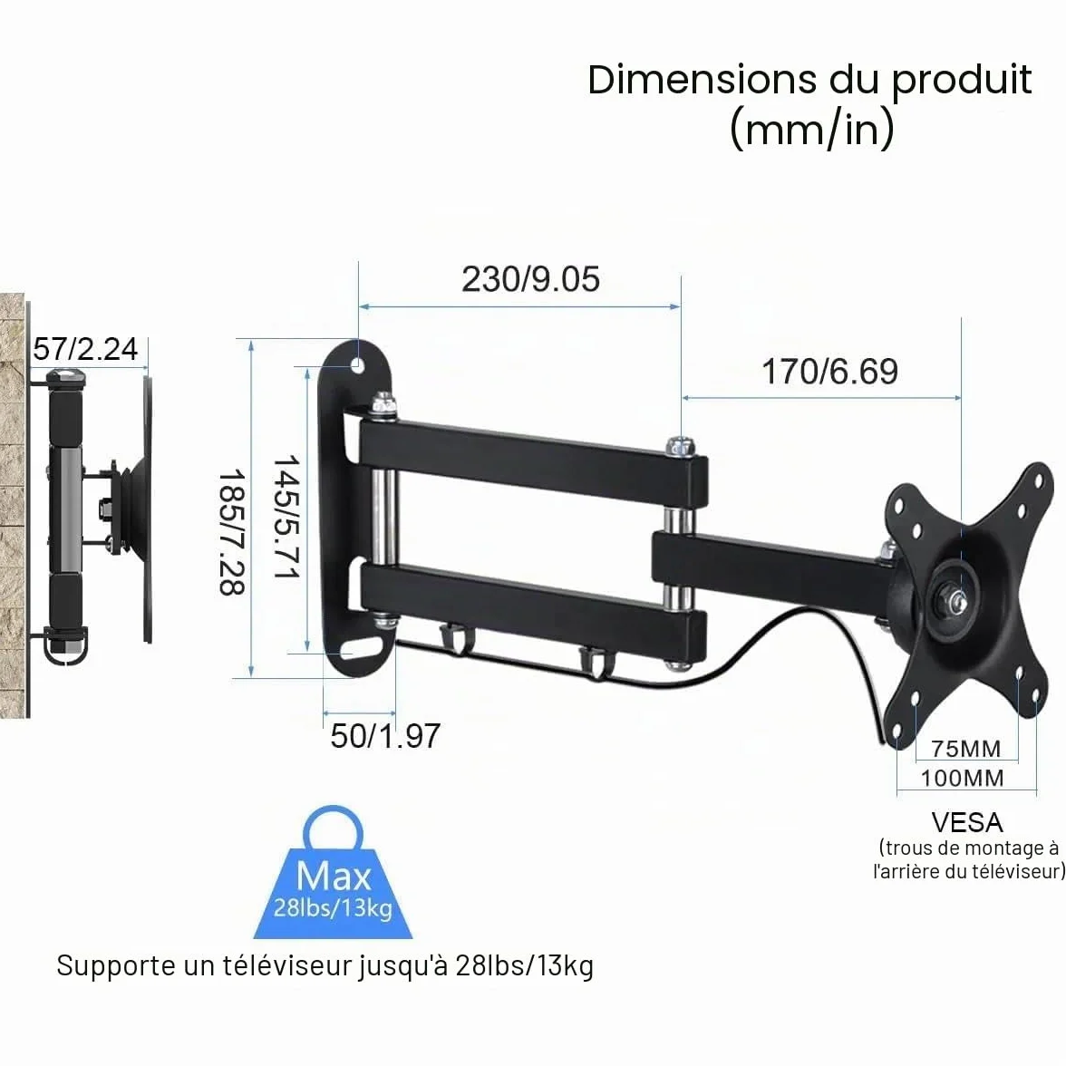 suptek Support TV Mural pour Moniteur et Télévision Plat/Incurvé de 15-32 Pouces, Rotation à 360° Inclinaison 20°, VESA 75x75 / 100x100mm jusqu'à 13 kg, Support Mural TV, Noir, MA2720