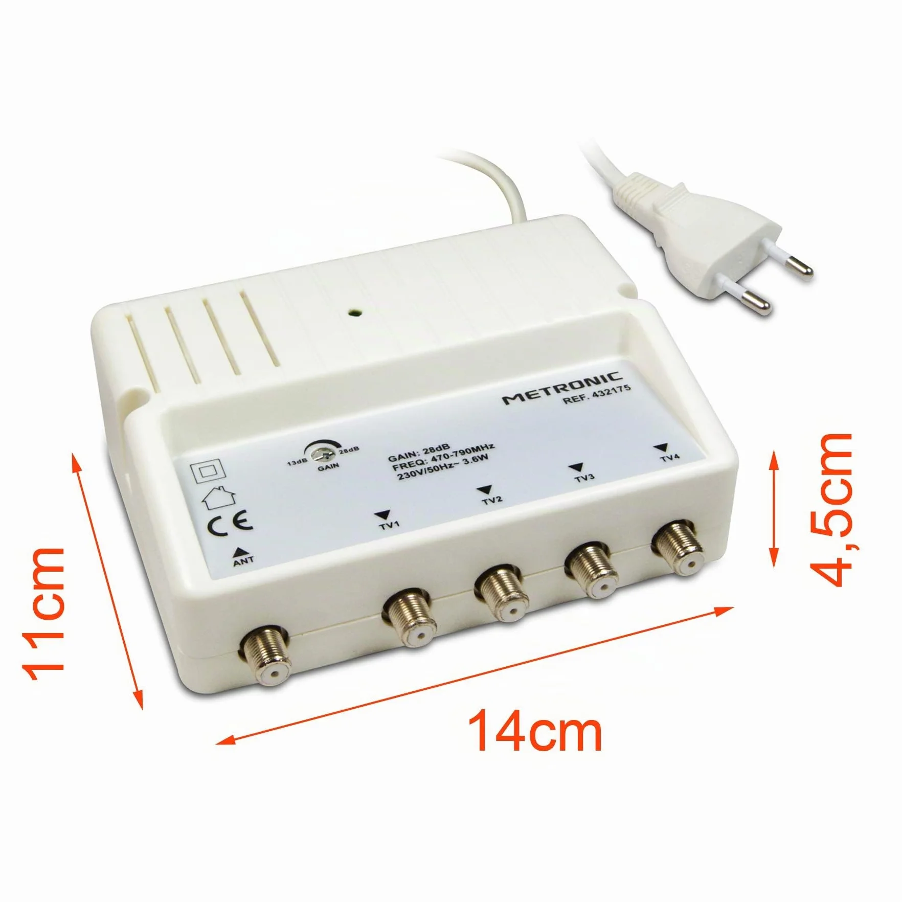 Metronic Amplificateur répartiteur blindé 4 Sorties Fiche F Blanc