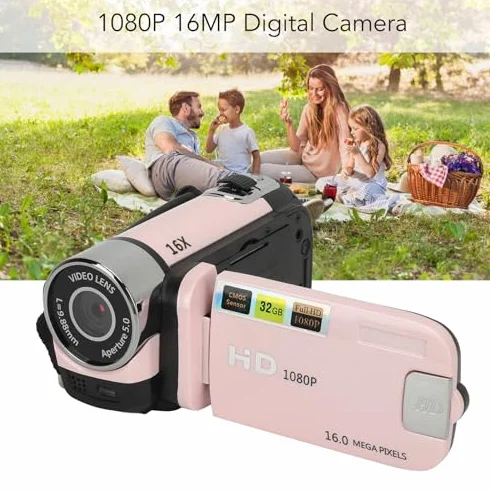 Caméscope Vidéo 1080P 16MP 16X Zoom HD Écran Rotatif 2,4 Pouces avec Lumière Remplissage Trépied 1/4 Pouce