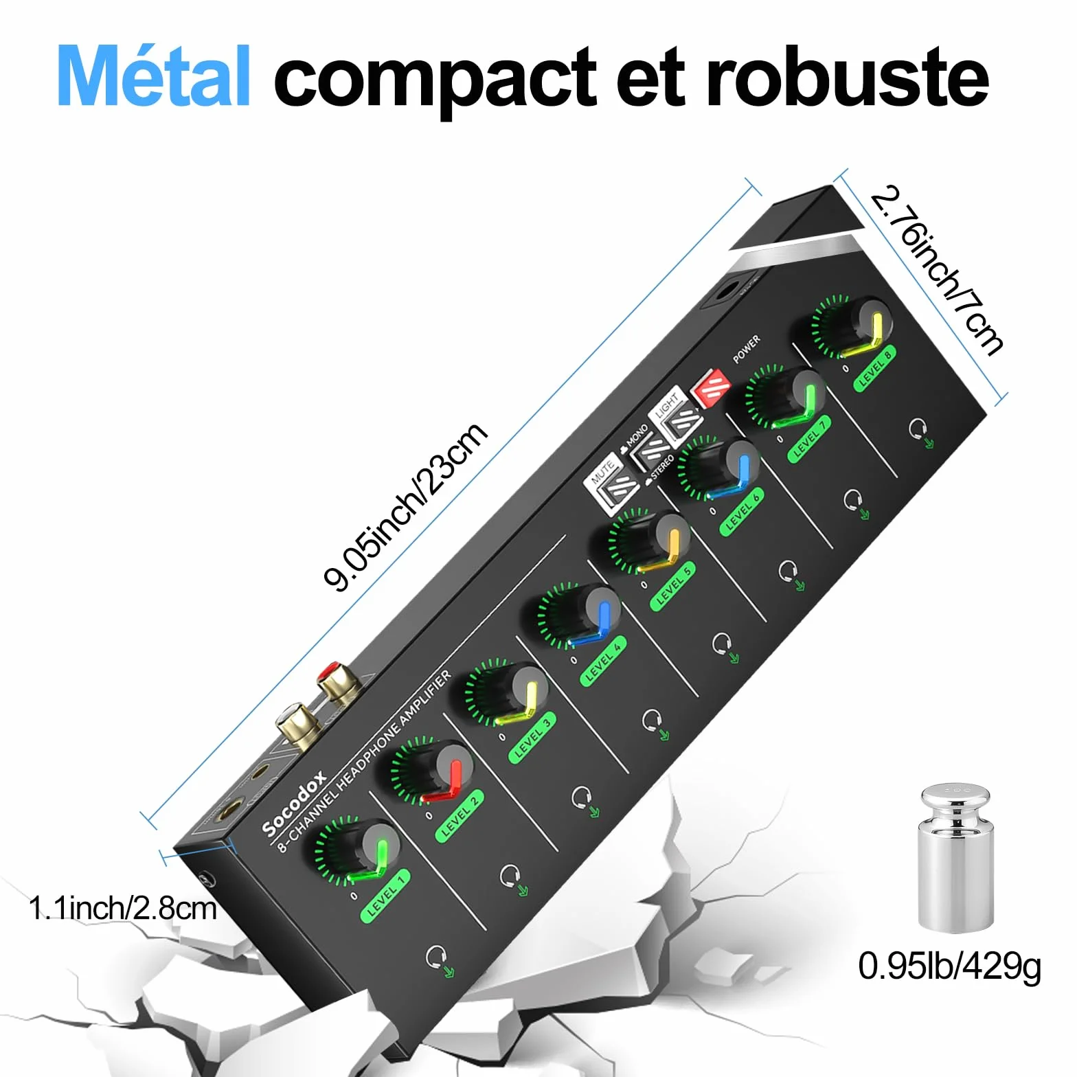 Amplificateur de Casque à 4 canaux avec Prises RCA 3,5 mm/6,35 mm, mélangeur Compact en métal avec 8 Ports de Sortie pour Casque, Interrupteur stéréo, Fonction muet, lumière RVB (8 canaux)