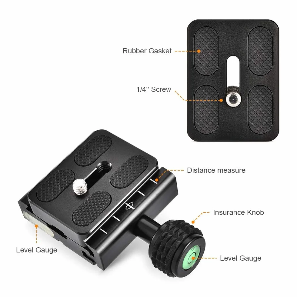 UTEBIT Plaque d'attache Rapide Universal, 50mm Plateau Rapide QR Plate en Alliage d'Aluminium Niveau à Bulle Intégré avec 1/4 et 3/8 Vis Compatible pour Arca-Swiss QR Trépied Monopode Rotule Caméra