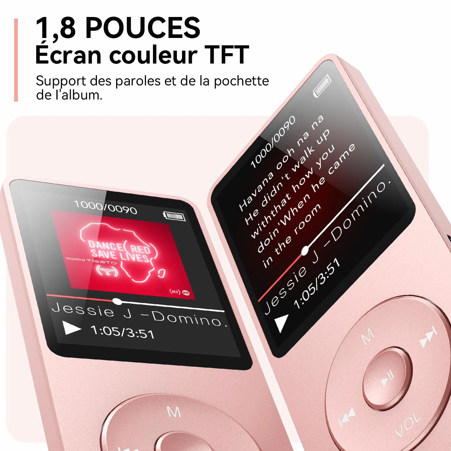 AGPTEK Lecteur MP3 Classique 64Go, Autonomie 70 Heures, Léger 30g, Hi-Fi, Baladeur Sport Enfant Adulte, Carte TF 128G - Rose