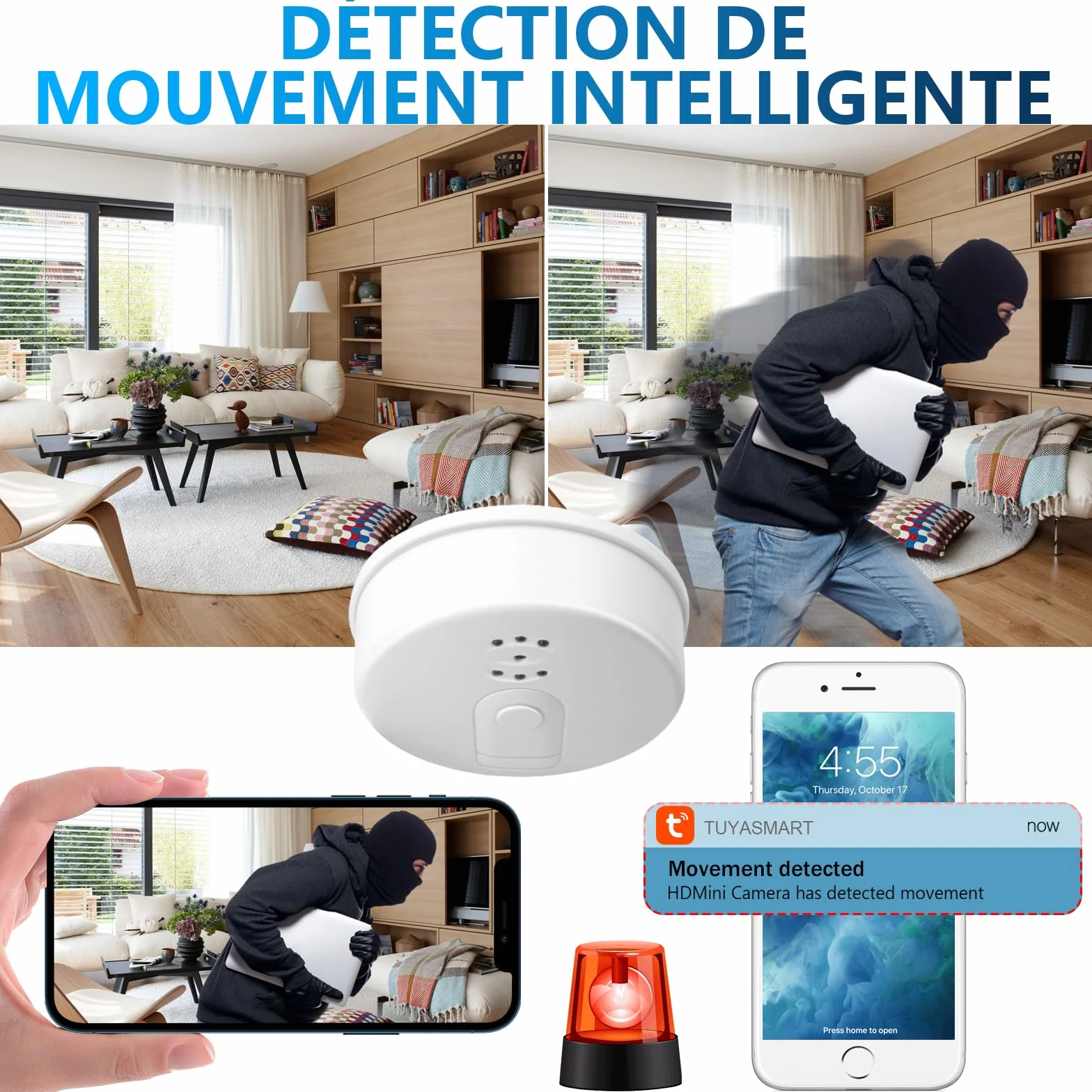 Caméra Cachée Wi-Fi 5G avec Détecteur de Fumée, Minicaméra Espion HD 1080P Vision Nocturne Détection Mouvement