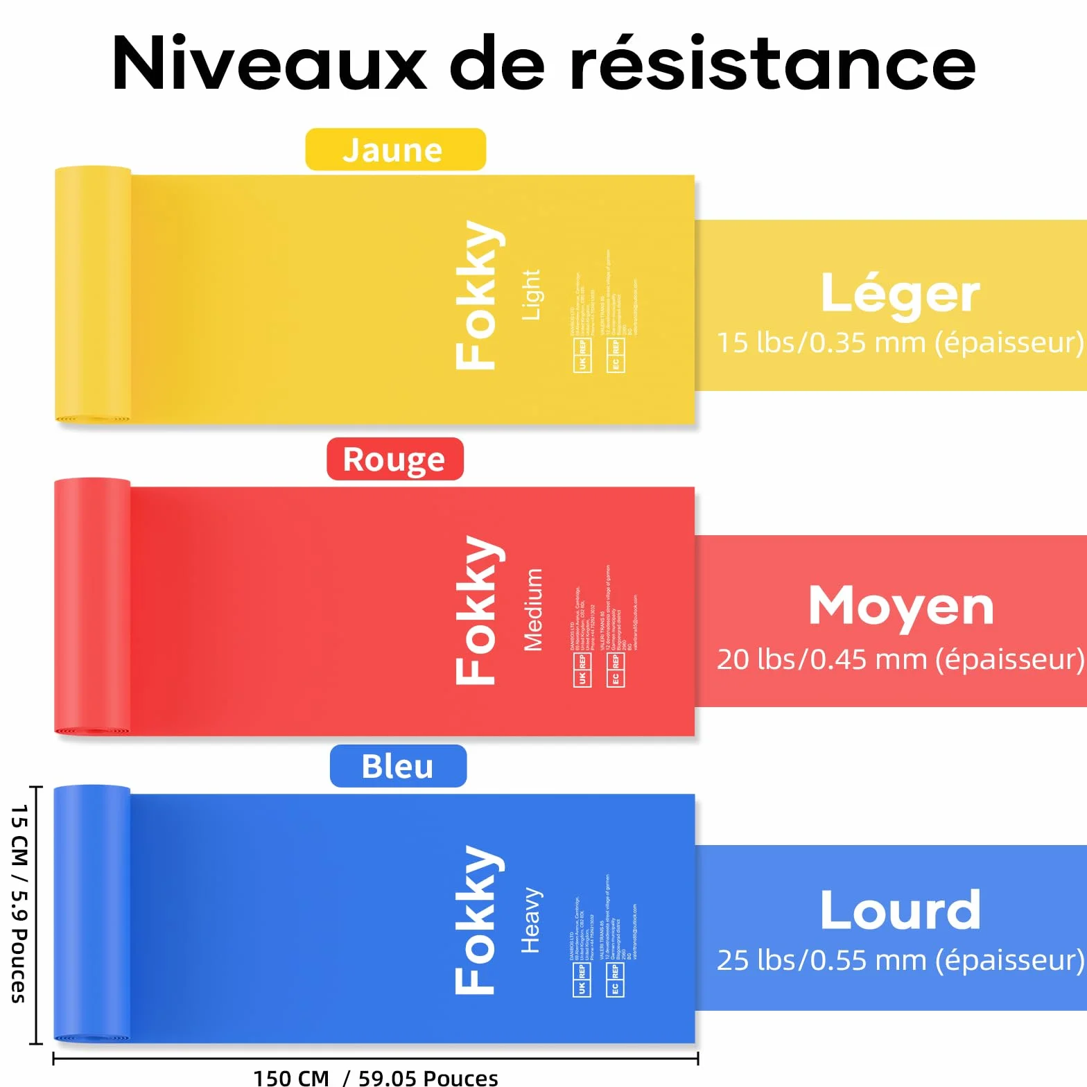 Bande Élastique Musculation 3 Pièces 1.5M/2M Fitness avec 3 Niveaux de Résistance Yoga Pilates
