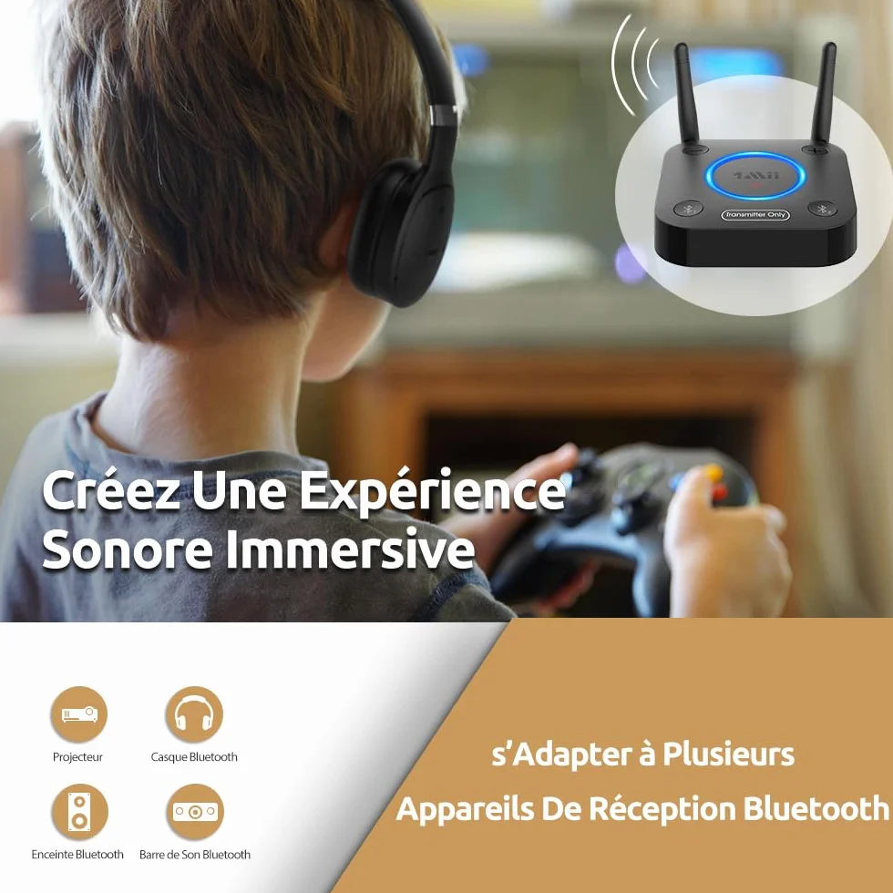 1Mii B06TX Émetteur Audio Bluetooth 5.3 pour TV, Transmetteur Adaptateur Bluetooth pour 2 Casques, aptX Faible Latence et HD, Longue Portée, Contrôle du Volume, AUX RCA Optique Coaxiale [Upgraded]