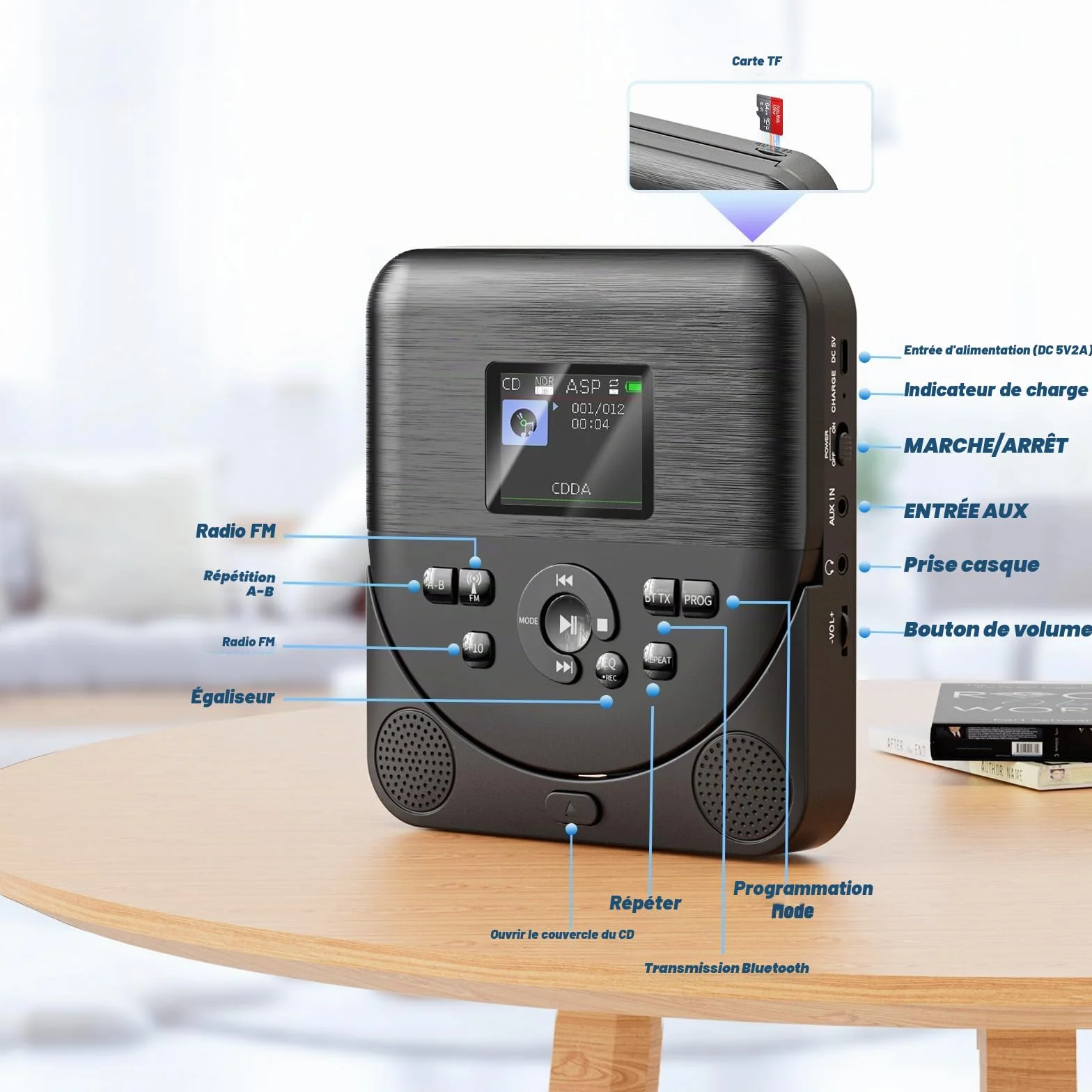 Lecteur CD Portable Bluetooth FELEMAN avec Haut-parleurs, Écran, Rechargeable, Émetteur FM, Noir