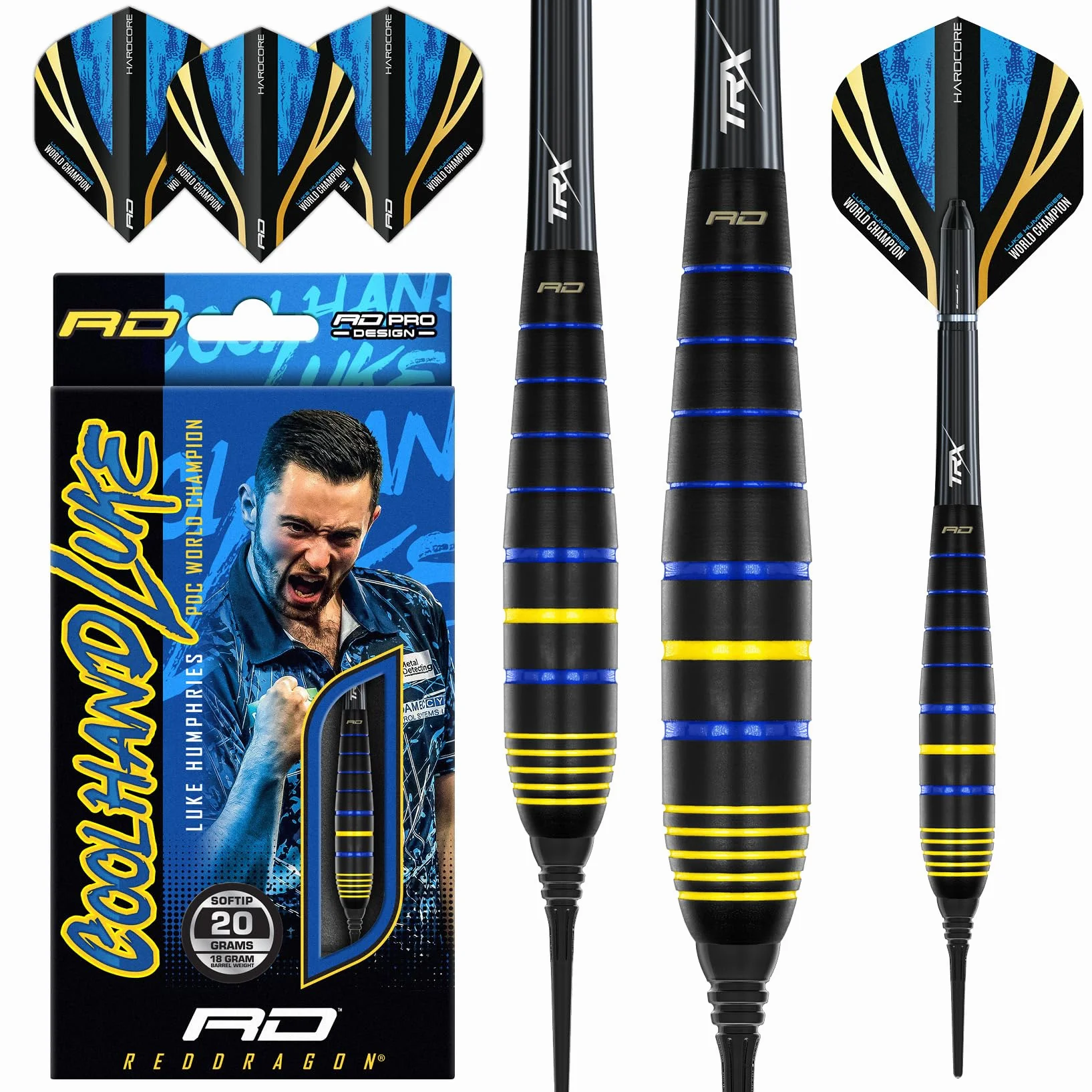 RED DRAGON Flechette Luke Humphries Coolhand 20g Soft Tip Darts Set de 3 Laiton Cible Électronique