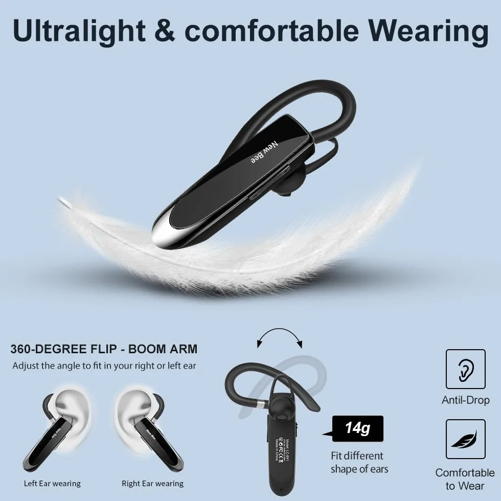 New Bee Main Libre Bluetooth Oreillette, Casque sans Fil Bluetooth avec Microphone 60 Jours en Veille Casque Mains Libres avec Microphone Casque pour iPhone Samsung, HTC, LG, Sony, PC (Noir)