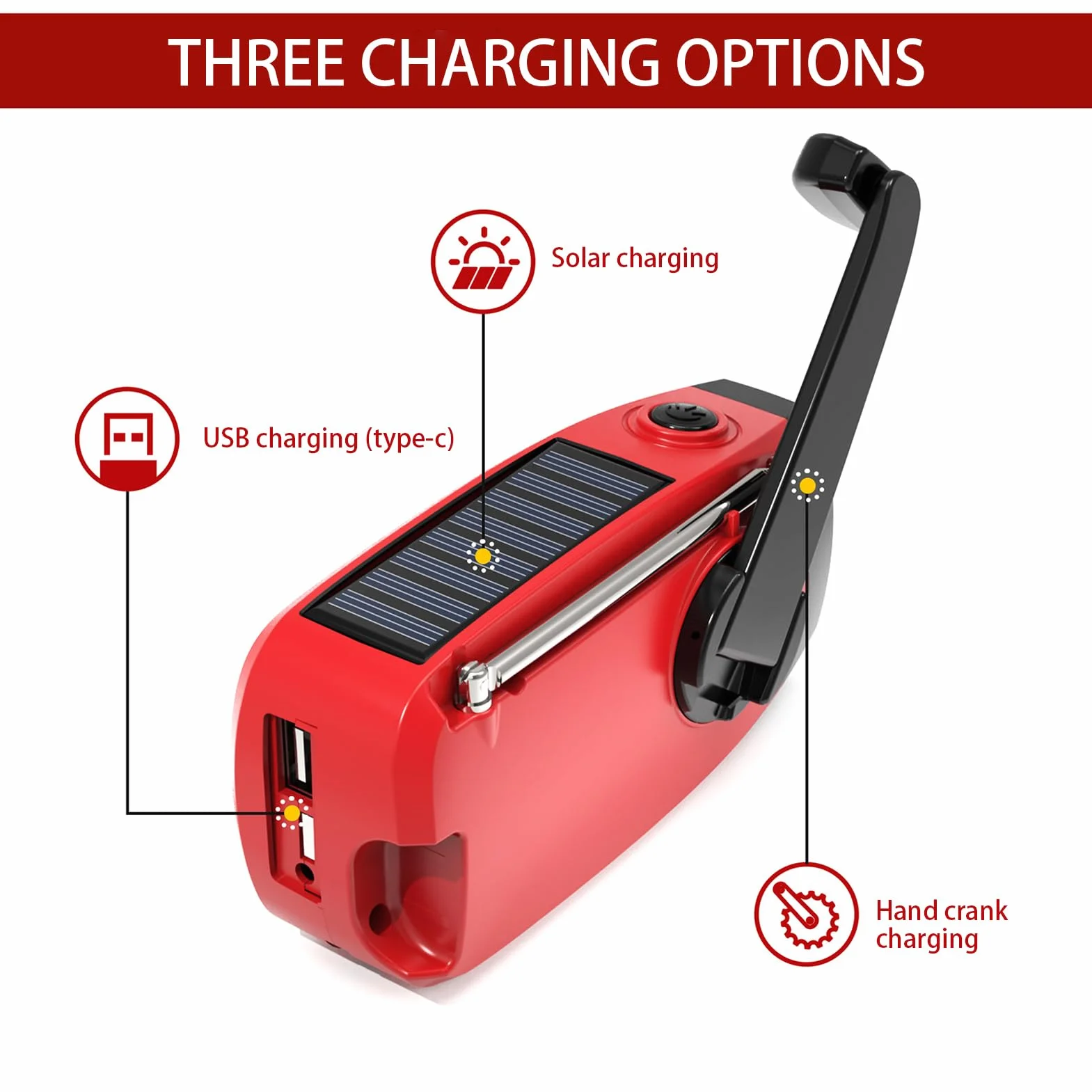 Radio Portable AM FM avec Chargeur Solaire Manivelle USB Lecteur MP3 pour Camping Randonnée