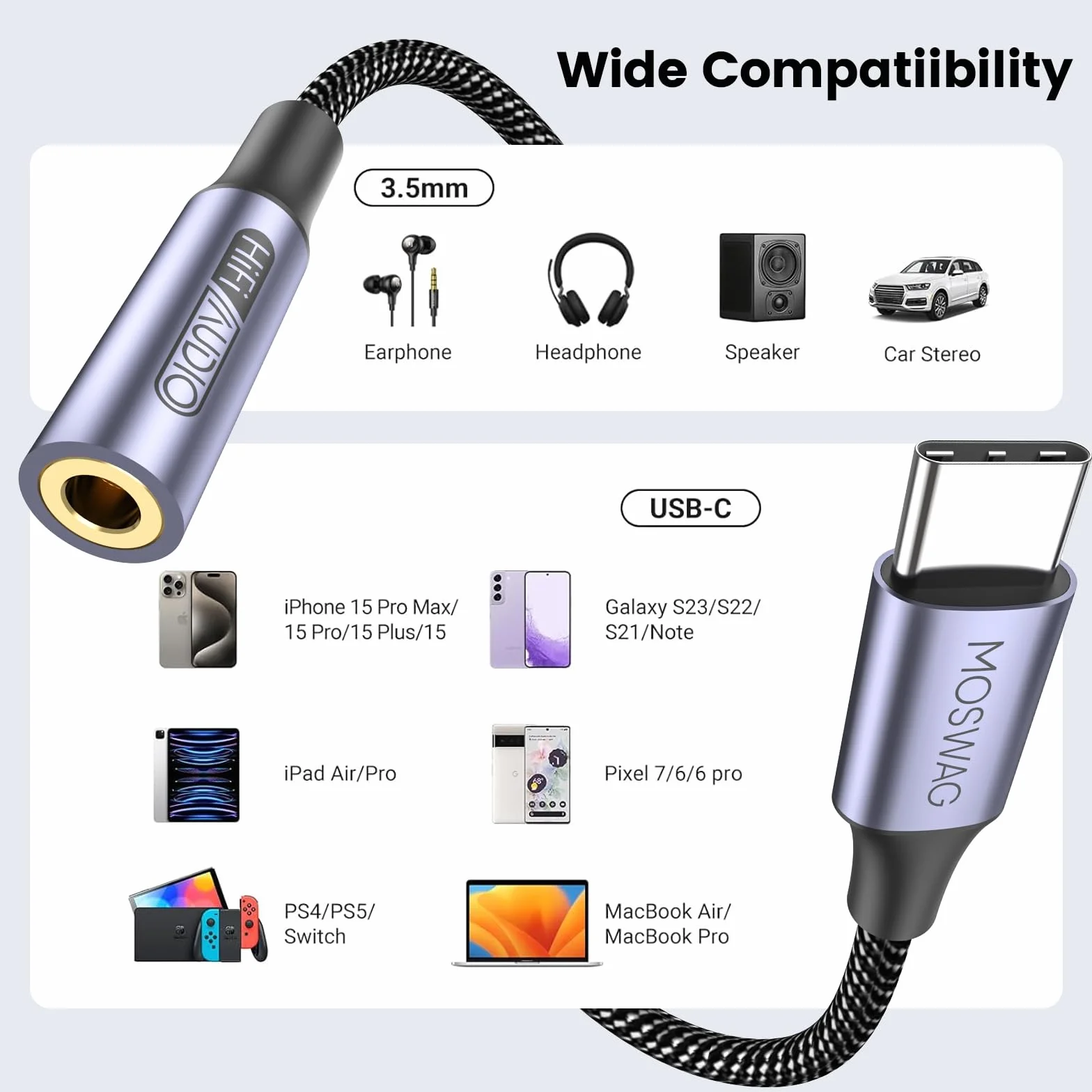 MOSWAG Adaptateur USB C Jack 3.5mm DAC pour Samsung Galaxy S24 S22 S20 Ultra, Pixel 4 XL, iPad Pro
