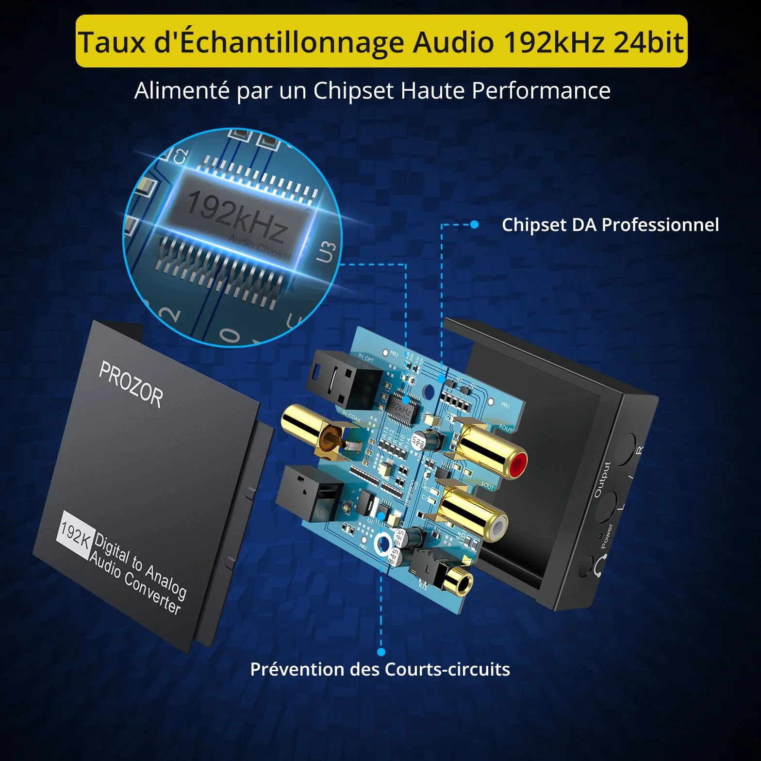 PROZOR Convertisseur DAC Audio 192kHz Optique Coaxiale vers RCA 3.5mm