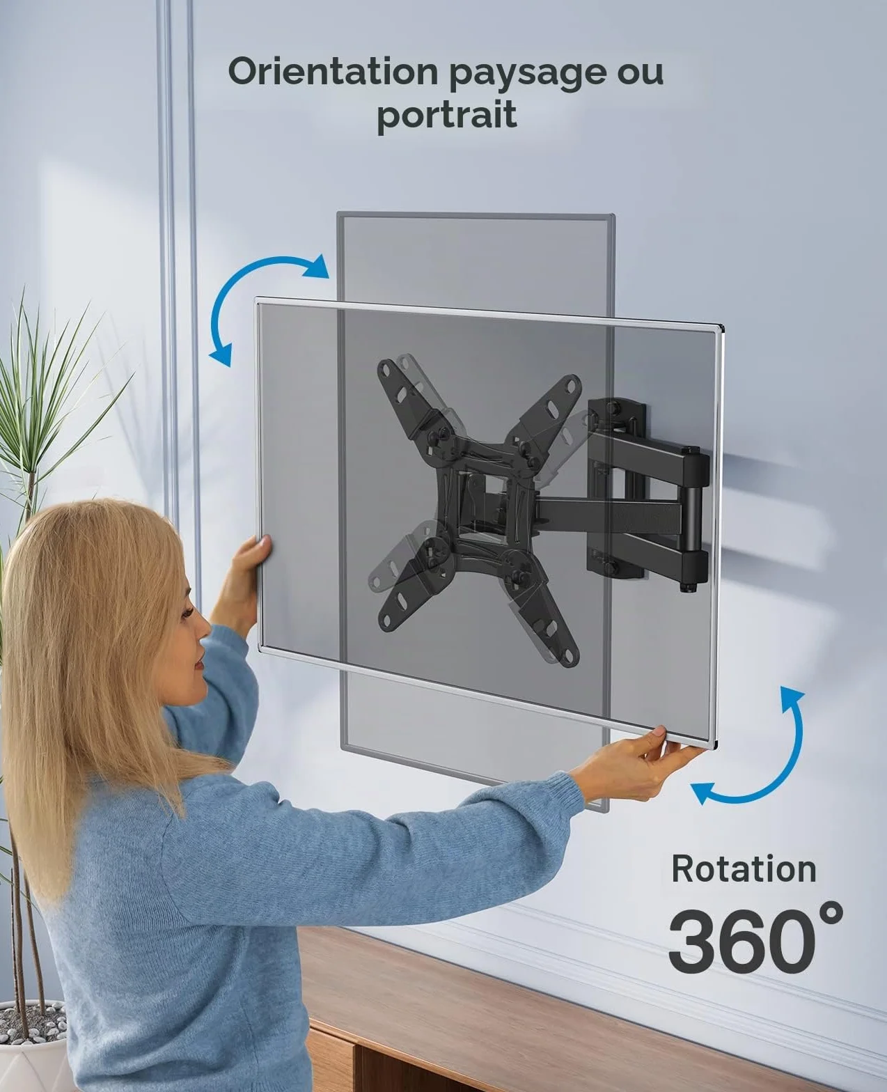 PERLESMITH Support Mural TV 13-42 Pouces 20KG Orientable Inclinable Rotation 360° Bras Accroche TV VESA 200x200mm