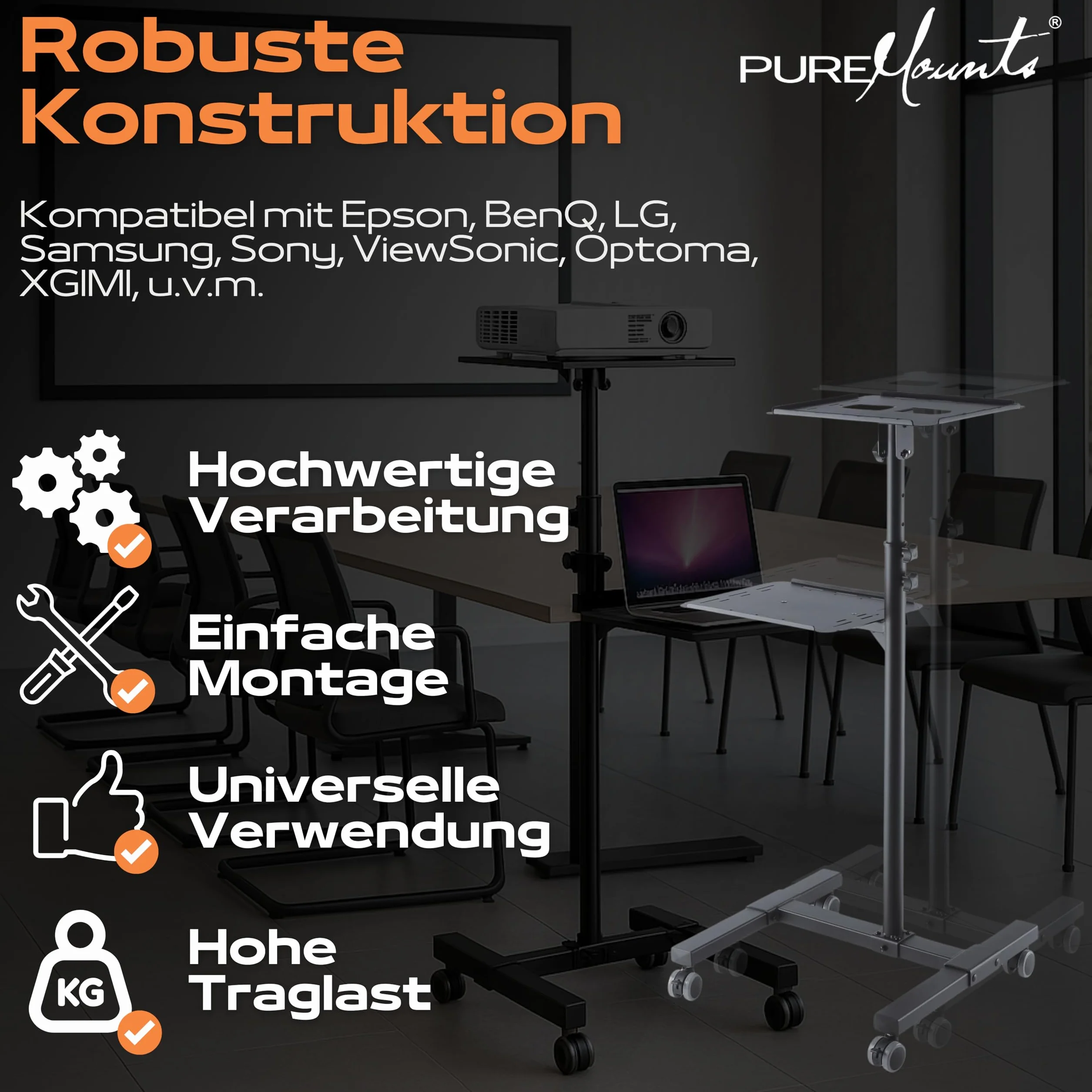 PureMounts PM-PCART-10 Chariot de Projection inclinable réglable 950-1450 mm, roulettes verrouillables, charge 10 kg, Noir