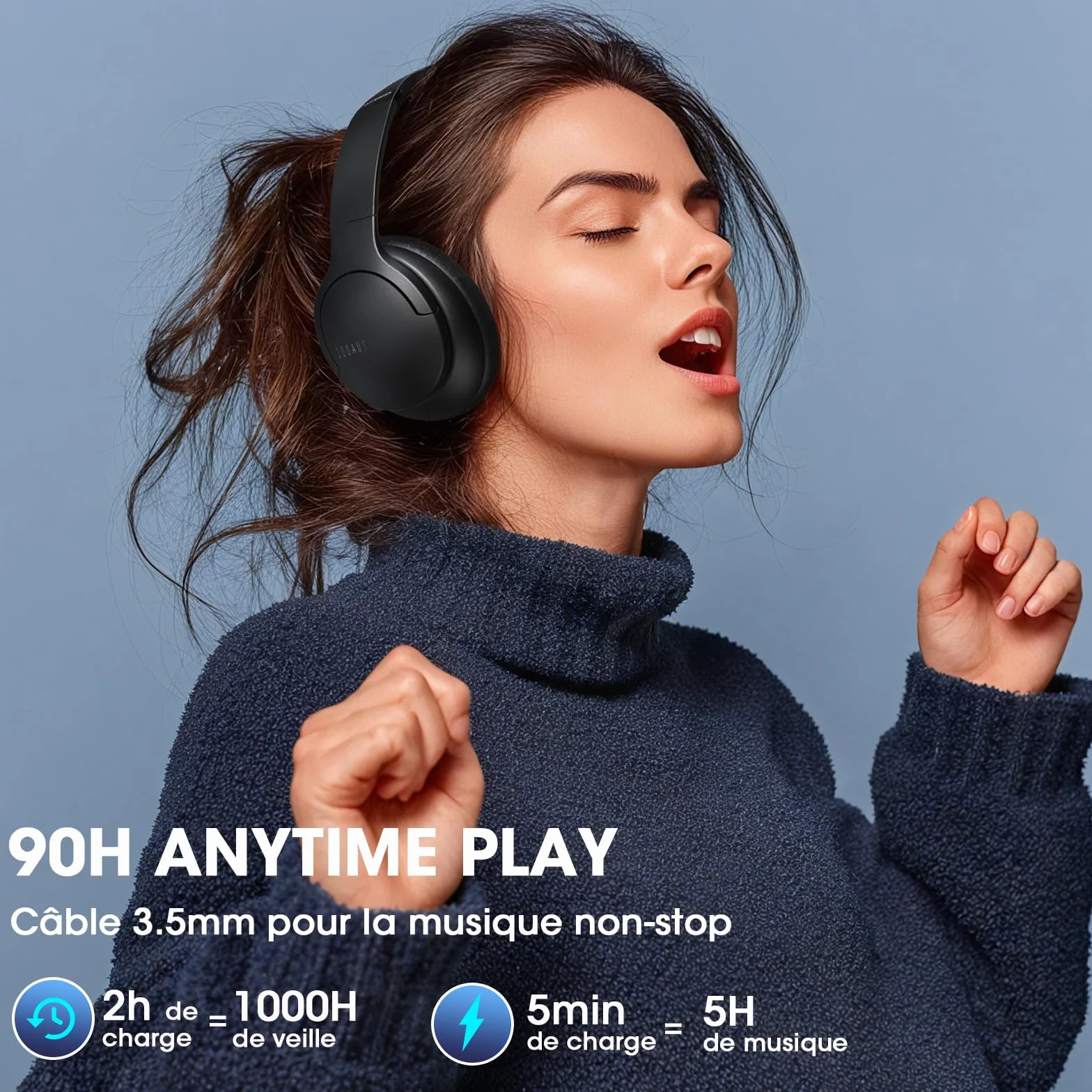 DOQAUS Casque Bluetooth sans Fil 90H Durée Lecture avec 3 Modes EQ Bluetooth 5.3, Casque Bluetooth,Cache-Oreilles protéines Souples,Casque sans Fil stéréo HiFi Microphone pour Voyage/Travail/Vie