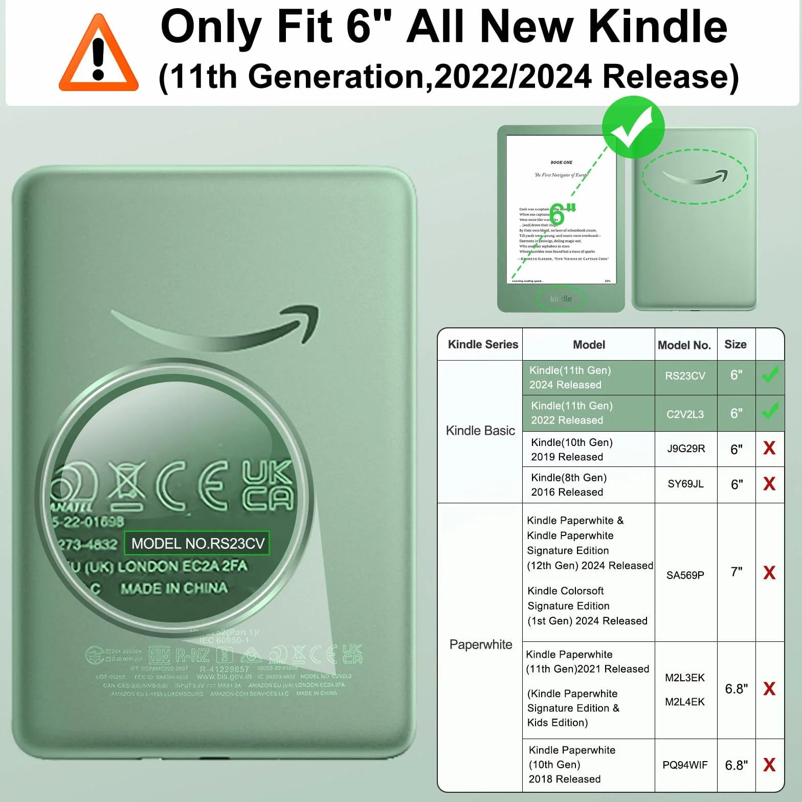 MoKo Étui pour 6" All-New Kindle (11ème Génération - 2024/2022), Couverture de Coque Légère avec Sangle de Poignée Auto Réveil/Sommeil pour Kindle 11e Génération 2024 e-Reader, Agave Vert