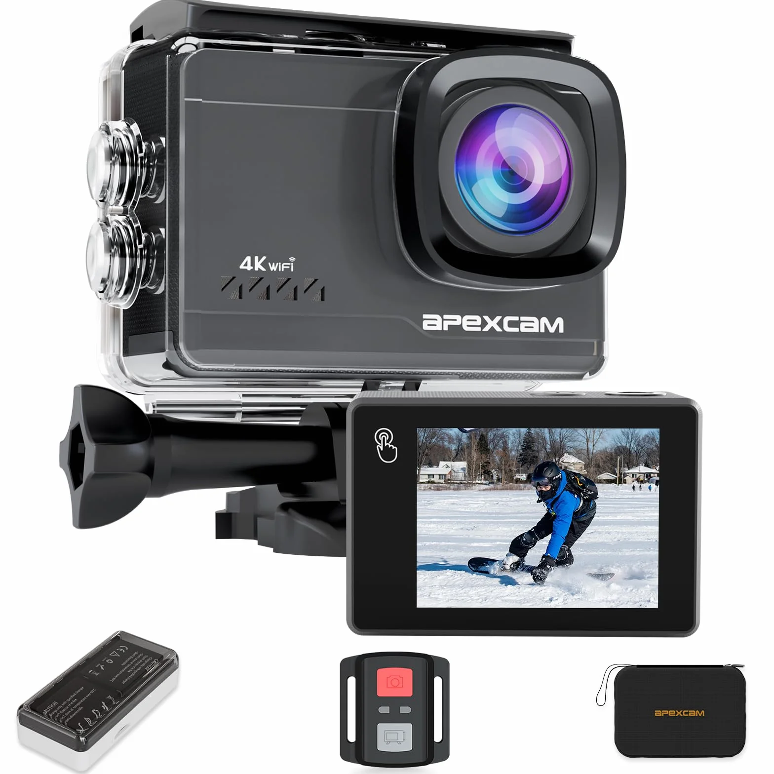 Apexcam Action Cam 4K 60FPS 64MP Écran Tactile Stabilisation EIS Étanche 40M WiFi Télécommande 2 Batteries 1350mAh