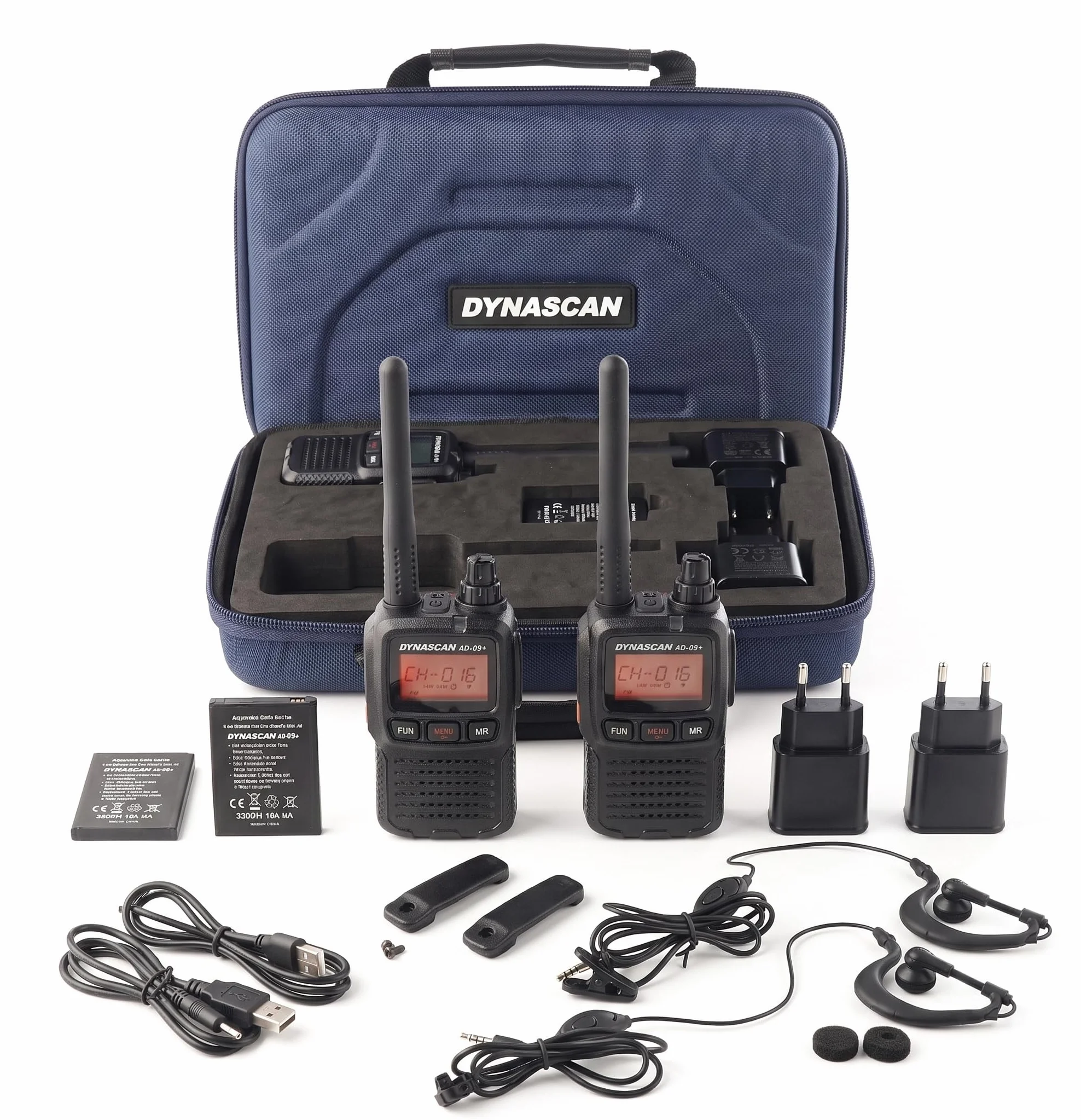 Dynascan AD-09+ Plus Pack de 2 Talkies-Walkies PMR446 avec Mallette Professionnelle – Ultra-Compact, Châssis Aluminium, 16 Canaux, Recharge USB, Oreillettes Incluses