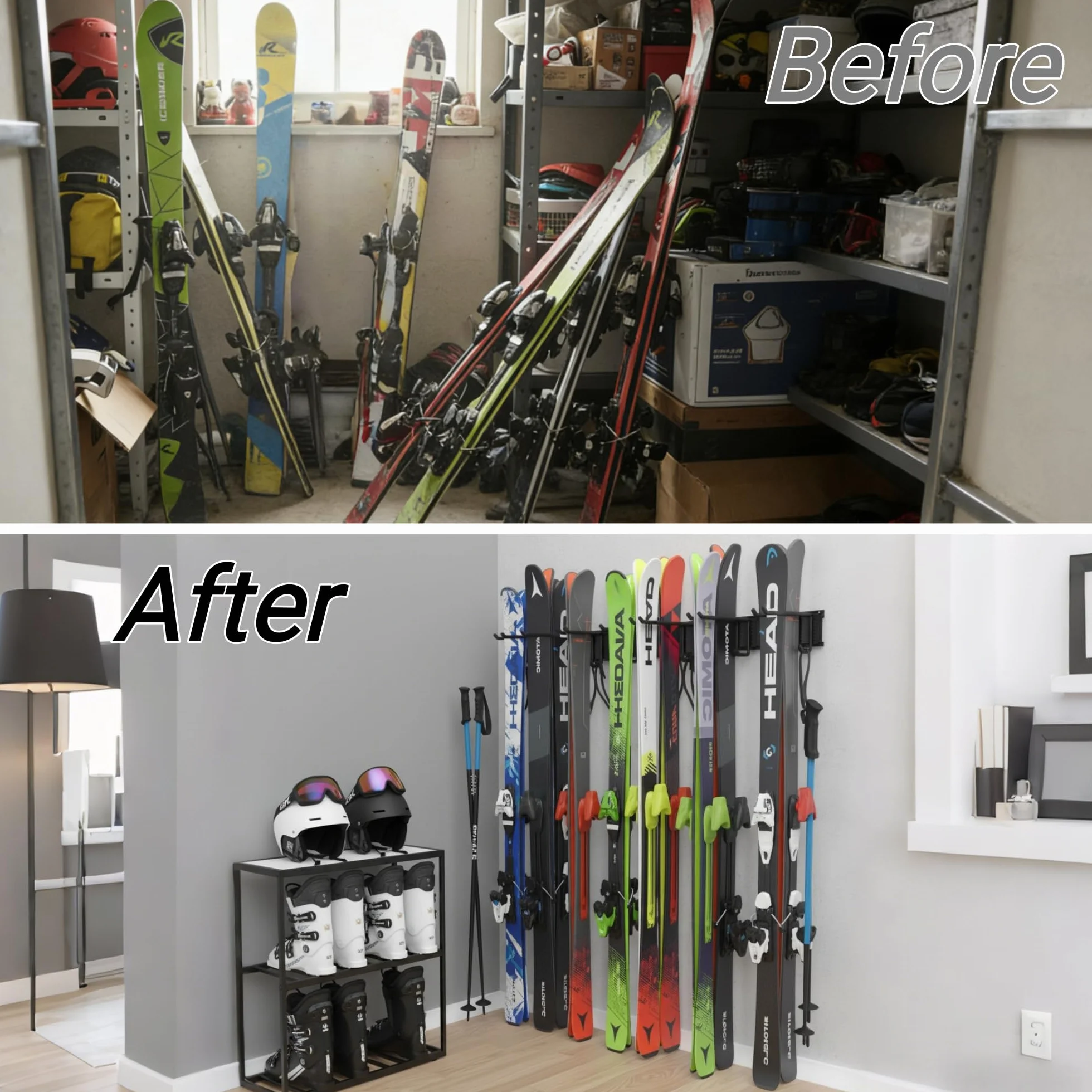 Kit de Support de Rangement à Skis pour 10 Paires Snowboards, 5 Crochets, Support Mural, Jusqu'à 300 LBS