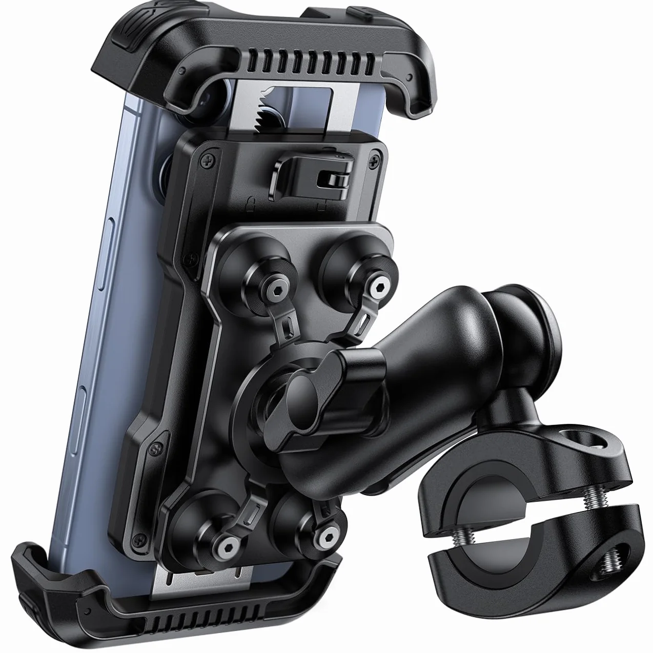 Lamicall Support Téléphone Moto Antivol Double Anti-Vibration Bras Extension Métal pour Guidon Vélo 360° Pivotant iPhone 16 15 14 4,7-6,7"