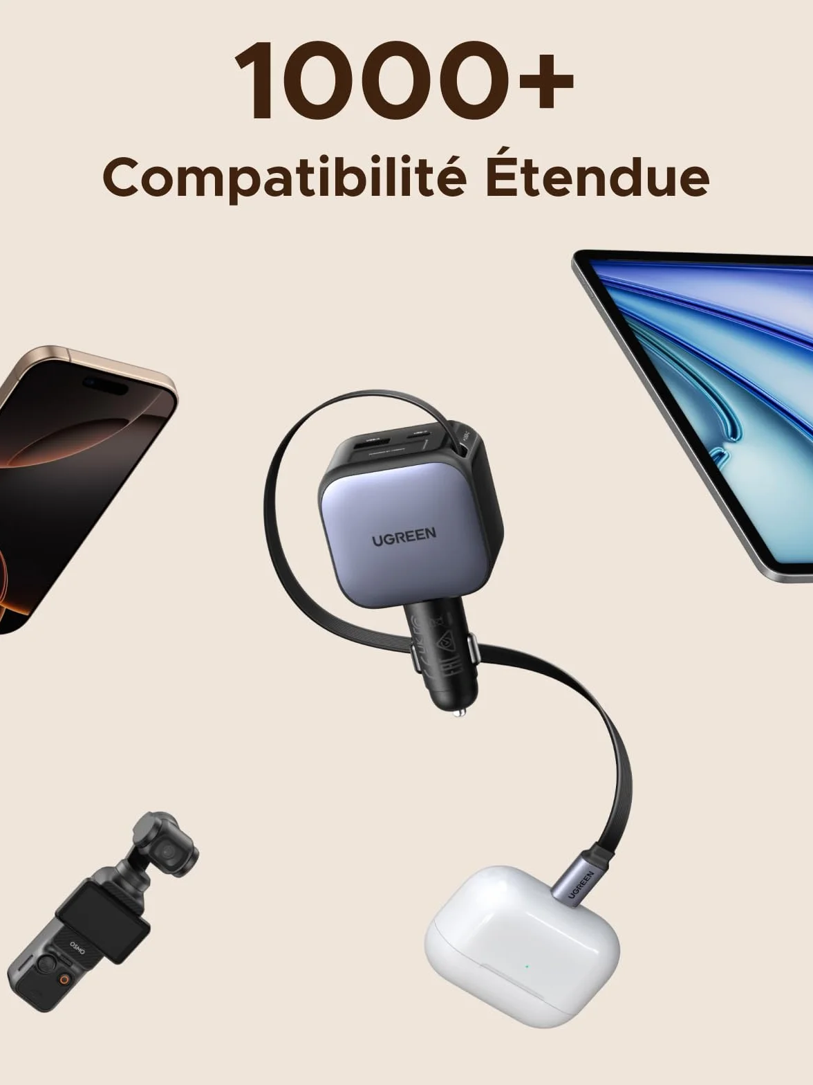 UGREEN Nexode 60W Chargeur Allume Cigare USB C Rétractable PPS PD QC 3.0 Chargeur Voiture Charge Rapide Compact Compatible avec iPhone 17 Pro Max Air 16 15 14 13 12 Galaxy S26 Ultra S25 iPad Pro Air