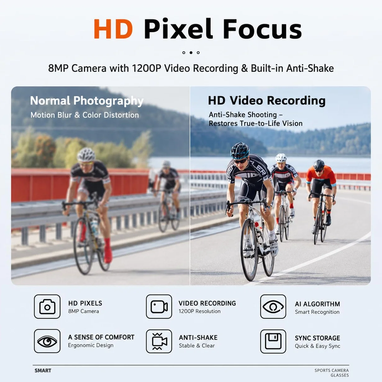Lunettes Intelligentes 4K AI, Caméra 8MP, Lunettes de Sport Bluetooth avec Commande Vocale, Stabilisation EIS, IP54 pour Le Cyclisme, Le Ski, la Randonnée (Orange Rouge)