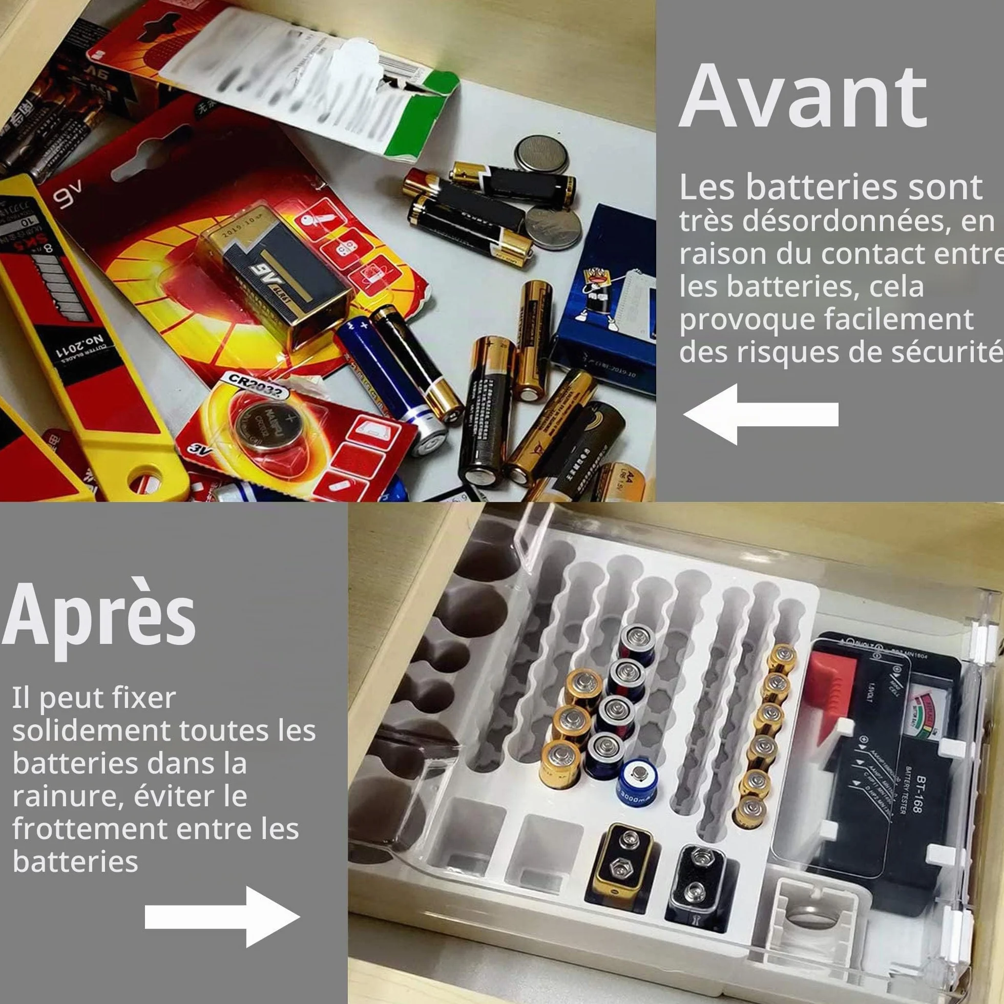 Linkidea Boîte de rangement pour piles avec testeur intégré - Peut contenir 93 piles (AAA, AA, 9V, C, D, bouton) pour la maison, le bureau et l'atelier