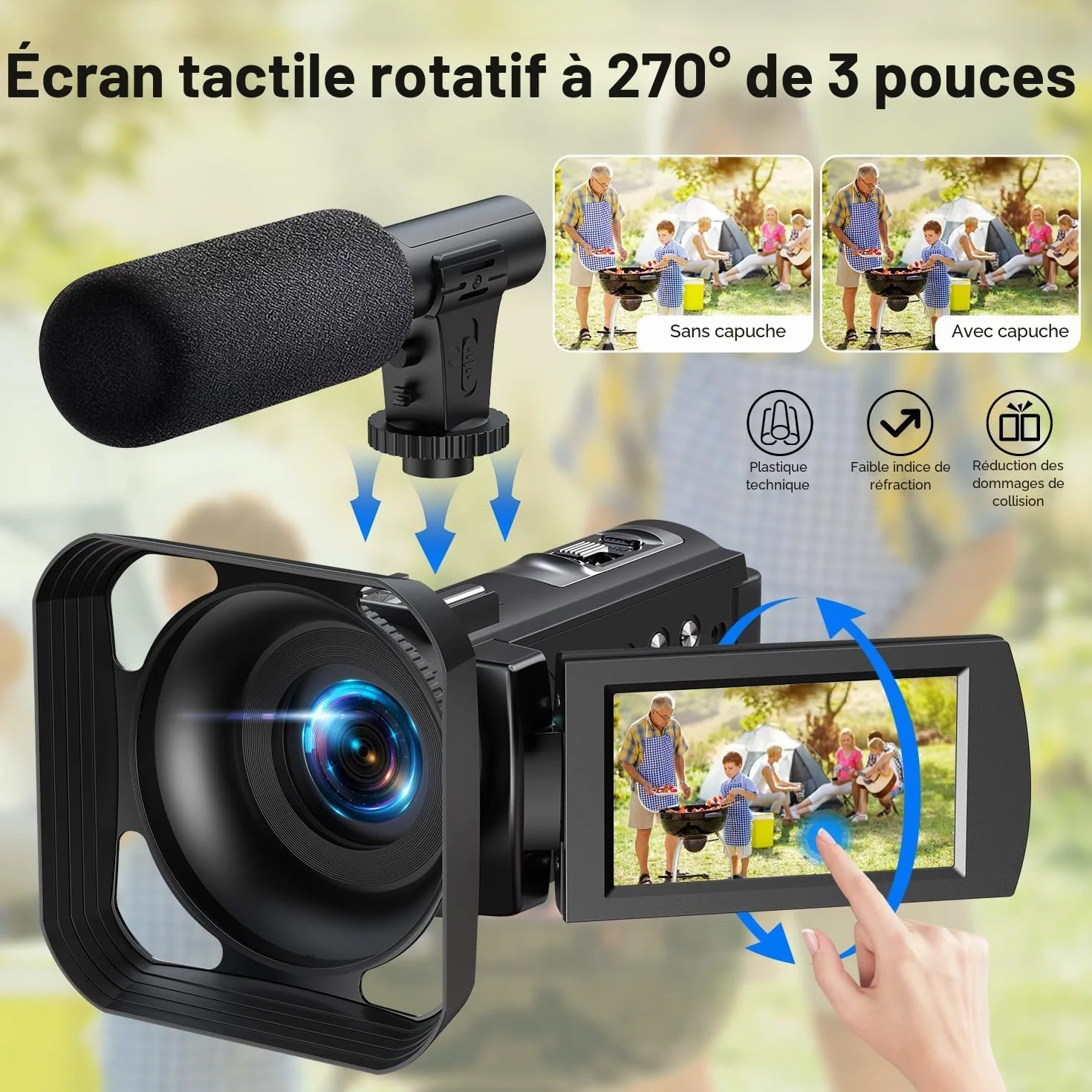 Caméra vidéo 5K 56MP WiFi Zoom 16X Écran tactile 3" IR Vision nocturne avec 2 piles, carte 64 Go, télécommande, microphone