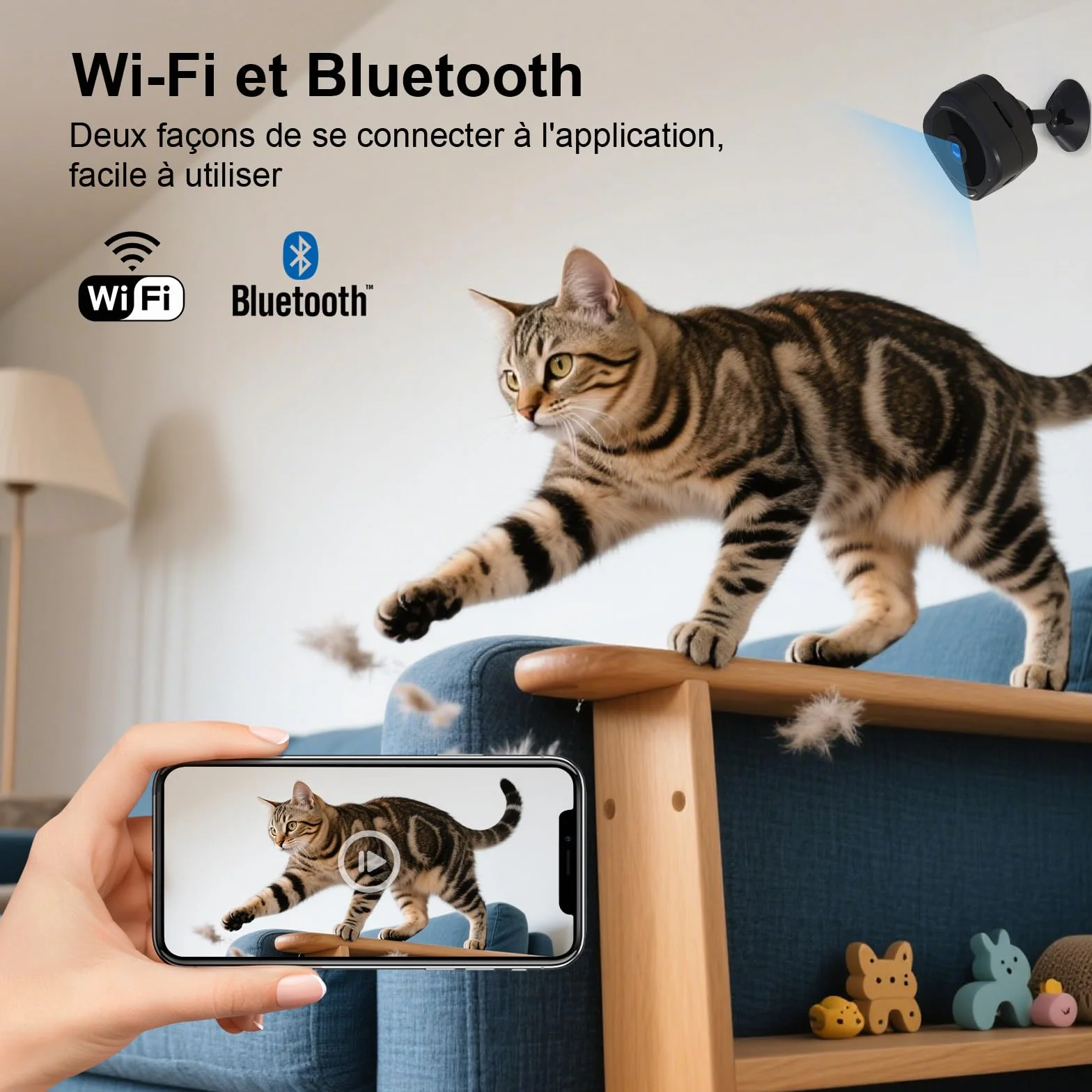 AOBOCAM Camera Espion, Mini Caméra de Surveillance WiFi HD Intérieur/Extérieur, Micro Caméra Bluetooth avec Vision Nocturne, Détection de Mouvement, Enregistrement à Distance