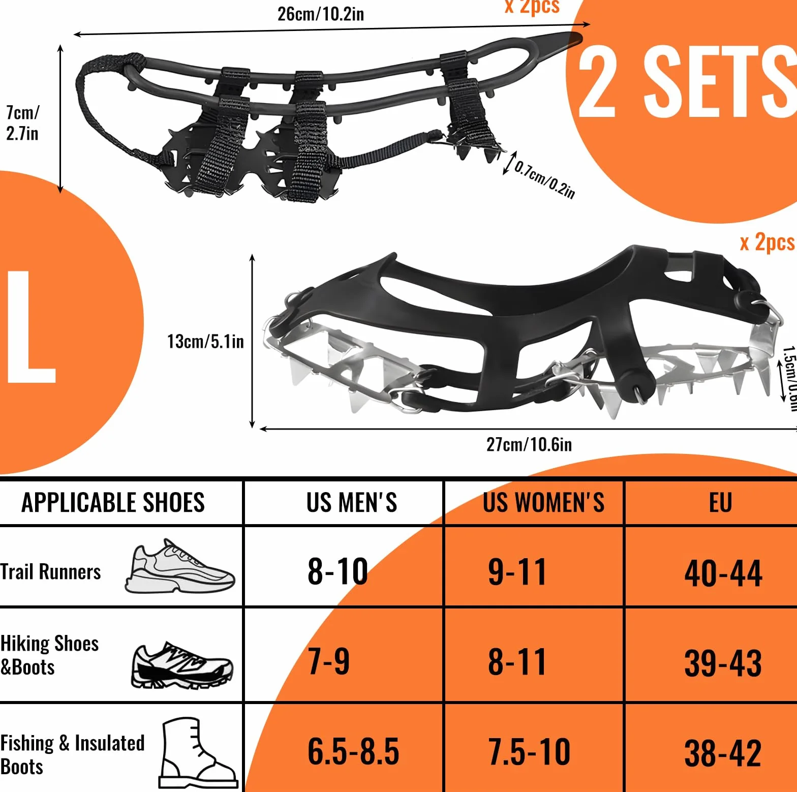 Crampons antidérapants pour chaussures de randonnée, lot de 2 paires, noir, taille L