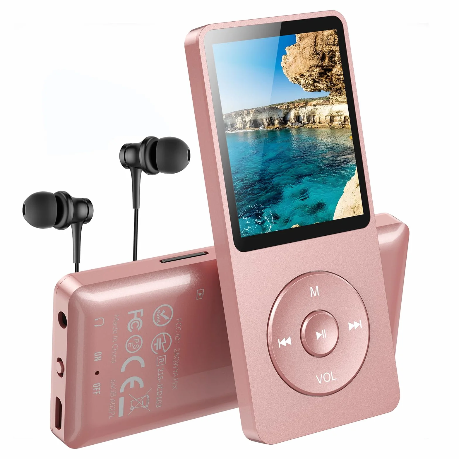 AGPTEK Lecteur MP3 Classique 64Go, Autonomie 70 Heures, Léger 30g, Hi-Fi, Baladeur Sport Enfant Adulte, Carte TF 128G - Rose