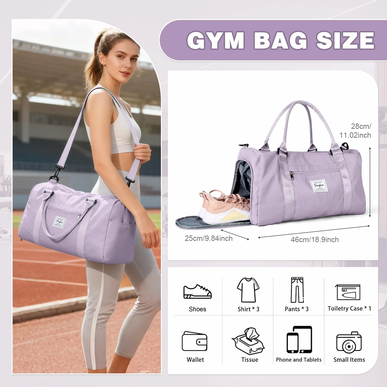 Sac de Sport Femme Homme Léger avec Compartiment Chaussures Poche Humide Duffle Bag Violet A11