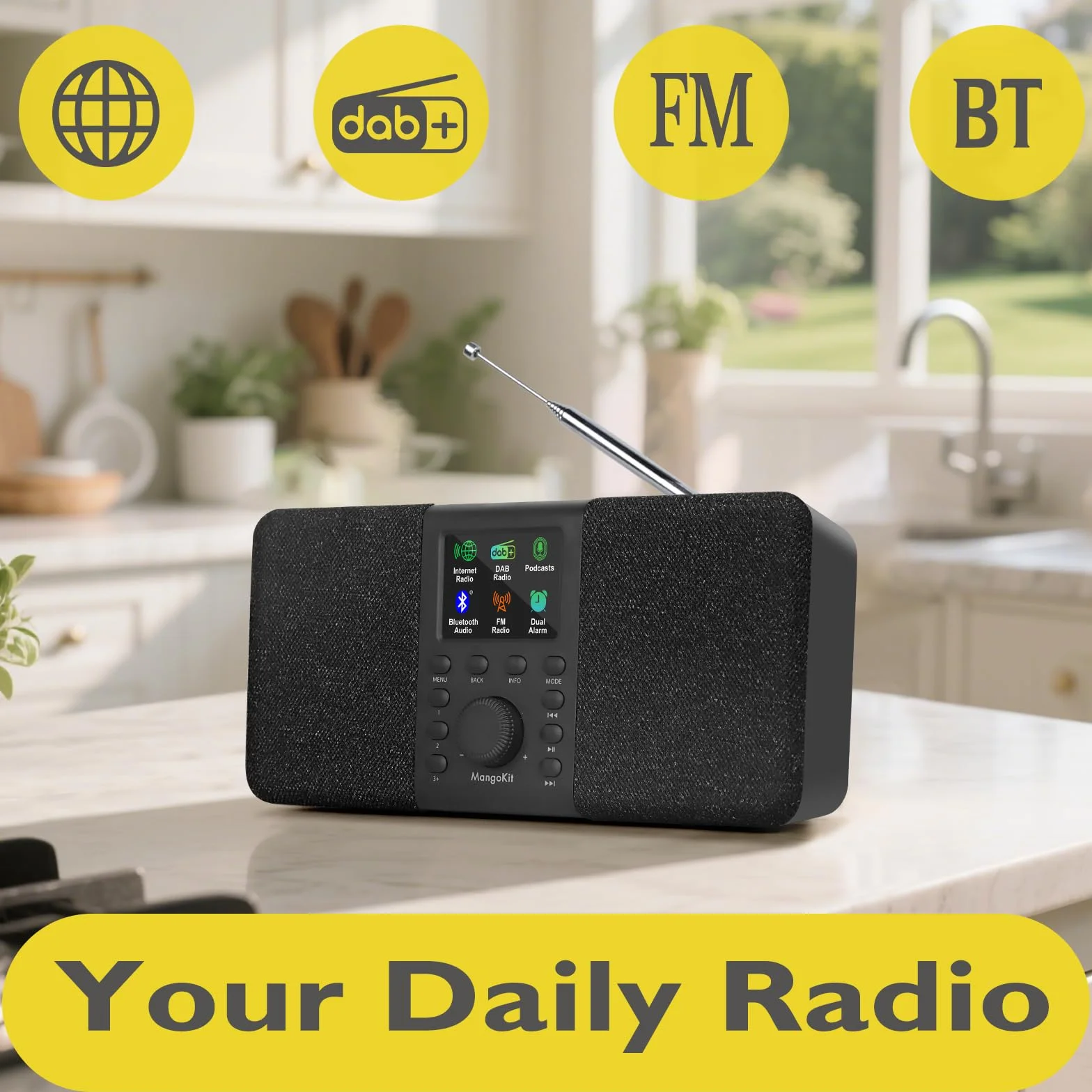 SR20 Radio Internet Stéréo avec Radio Numérique Dab/Dab+,WiFi avec Lecteur de Podcasts,Intelligente avec Bluetooth,FM,de Cuisine Secteur et Batterie,écran Couleur,Alarmes Doubles-Noir