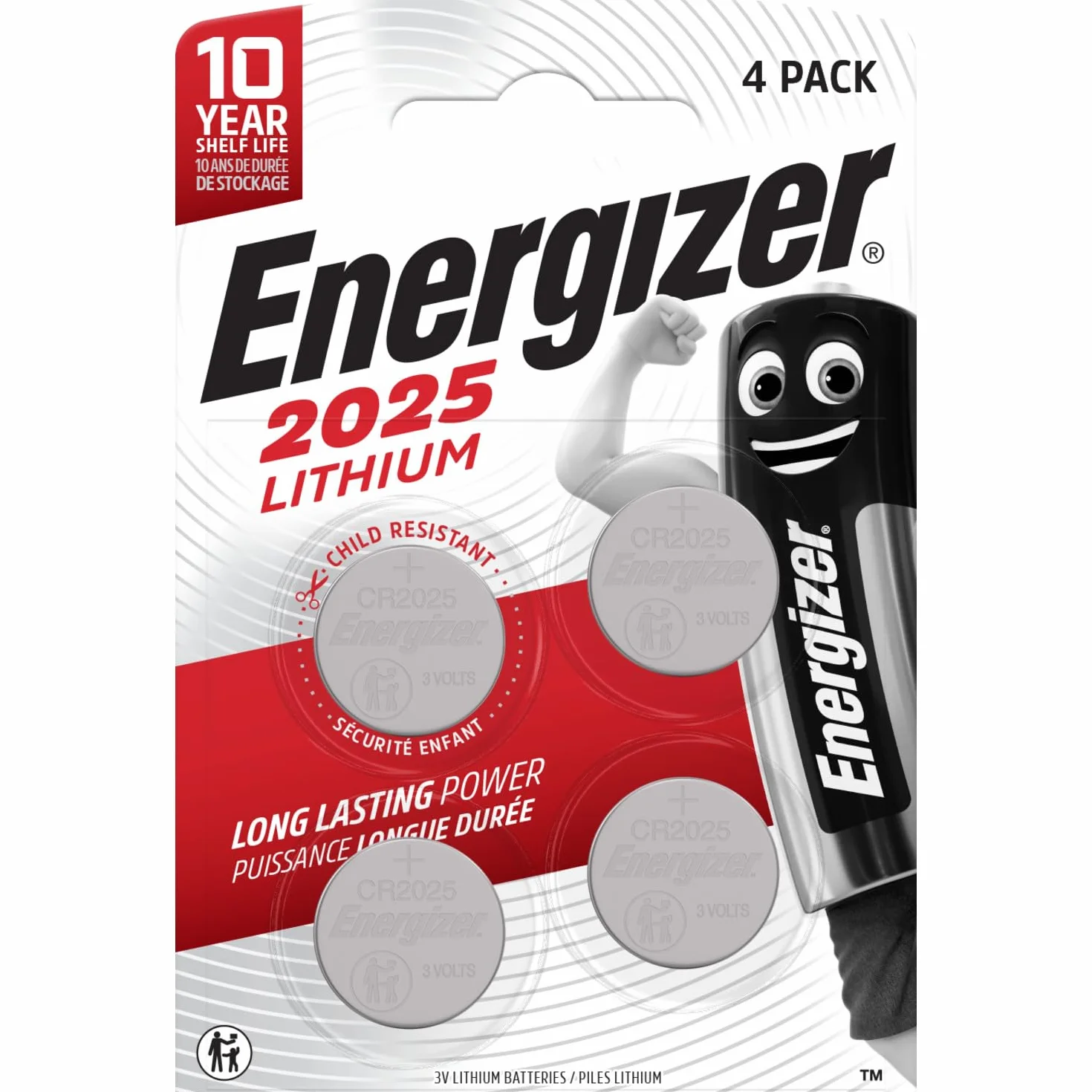 Energizer Lithium - CR 2025 Pile Bouton (Lot de 4) - Piles 3V - pour clés électroniques, et Montres de Sport - Emballage sécurisé - Conservation 10 Ans