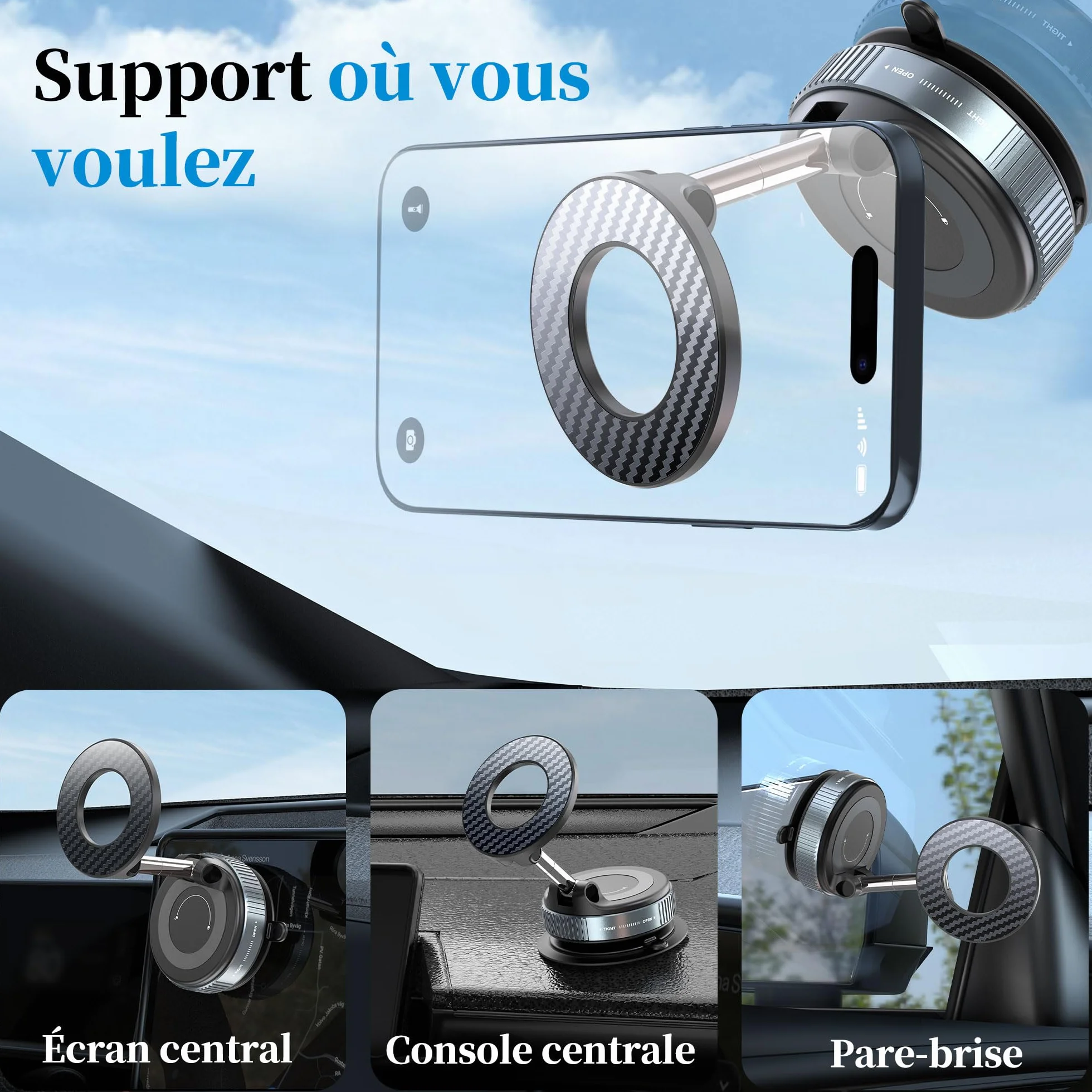 Support Téléphone Voiture Ventouse Puissante Magnétique Rotation 360° Fixation Ultra-Stable Compatible iPhone 17/16/15/14/13/12 Pro/Pro Max