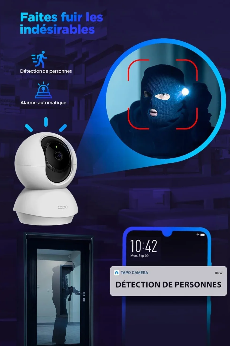 Tapo C200C Caméra Surveillance WiFi Intérieure 360° 1080p Vision Nocturne Détection Personne Suivi Mouvement Compatible Alexa