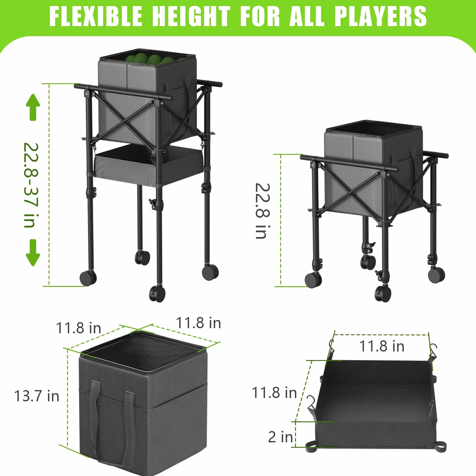 Panier à balles de tennis pliable avec roues, hauteur réglable, capacité 150 balles, sac de rangement