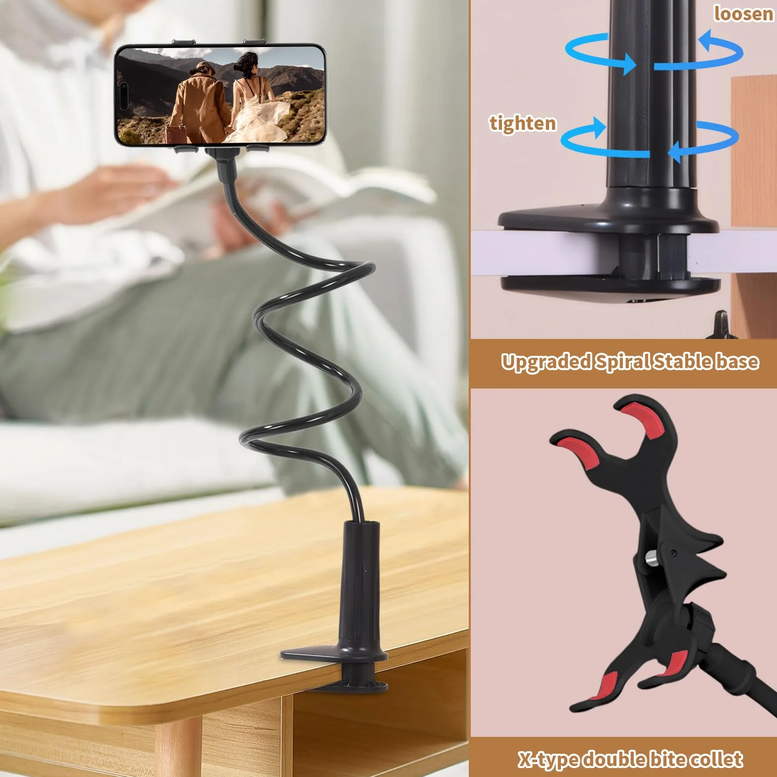 Support Téléphone pour Lit et Bureau, Flexible à Long Bras Porte Telephone Bureau Réglable 360°, Support Universel avec Pince pour pour Films et Appels (Blanc)