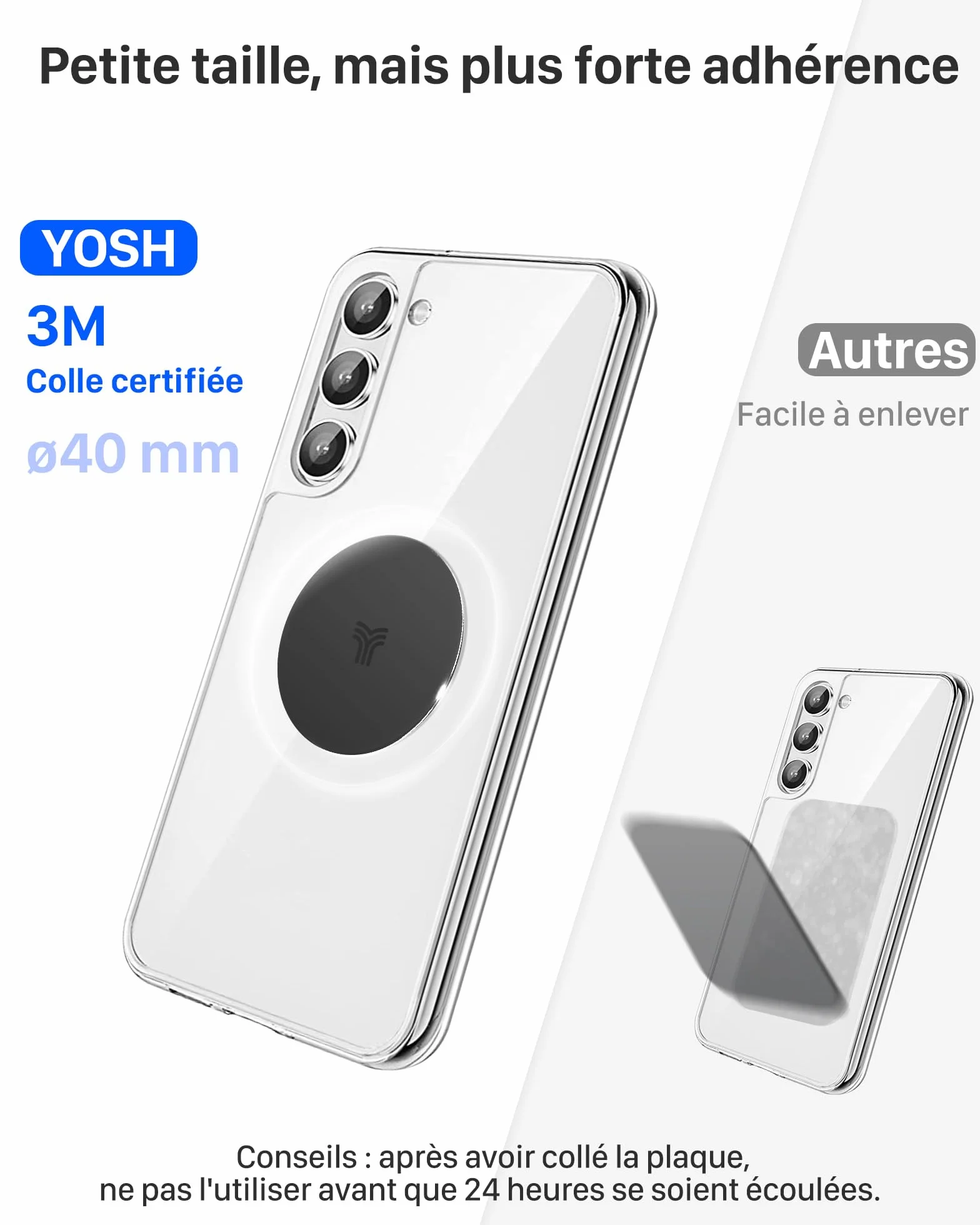 YOSH Support Telephone Voiture Magnetique, [Magnétisme Puissant] Porte Téléphone Voiture Aimanté pour iPhone 16 15 14 Pro Max Plus, Samsung Huawei Xiaomi & Android Smartphone [avec Plaque de métal]